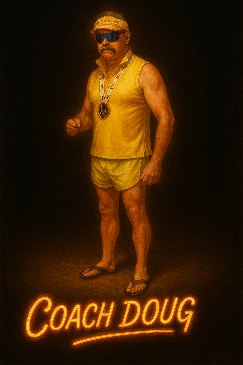 A man dressed in yellow athletic shorts and sleeveless shirt, wearing sunglasses and a visor, with a medal around his neck, standing against a black background, with neon text that reads 'Coach Doug' at the bottom.