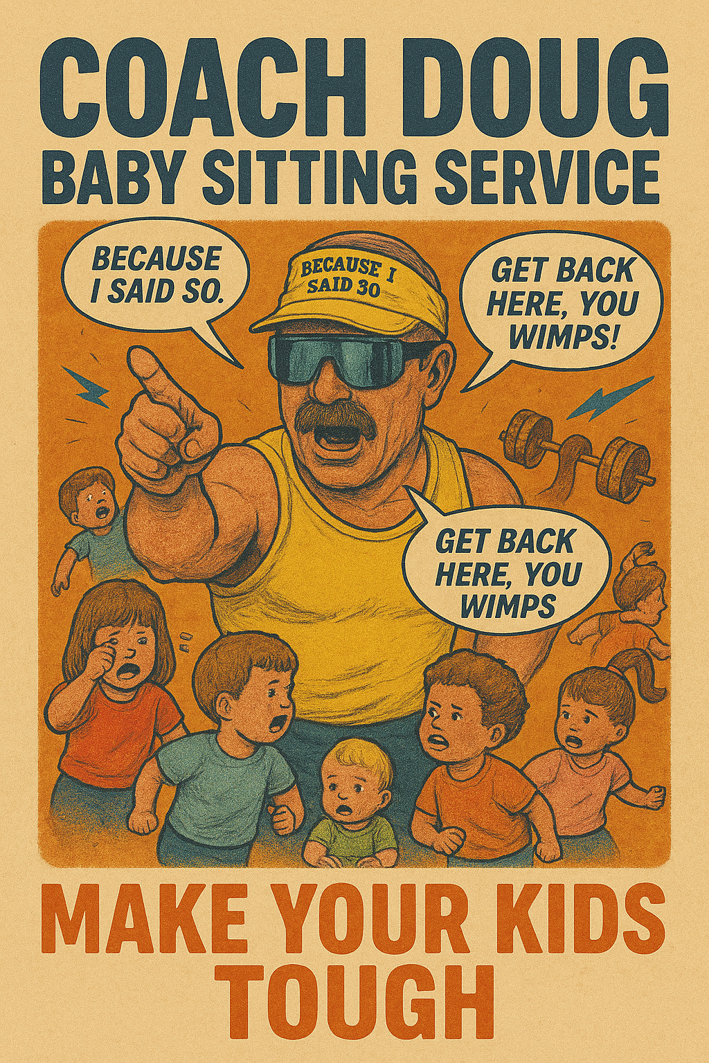 Vintage-style poster advertising a humorous baby sitting service called 'Coach Doug,' featuring a muscular man in sunglasses and a yellow tank top, giving a thumbs up. The man says, 'Because I said so' and 'Get back here, you wimps!' to a group of cr