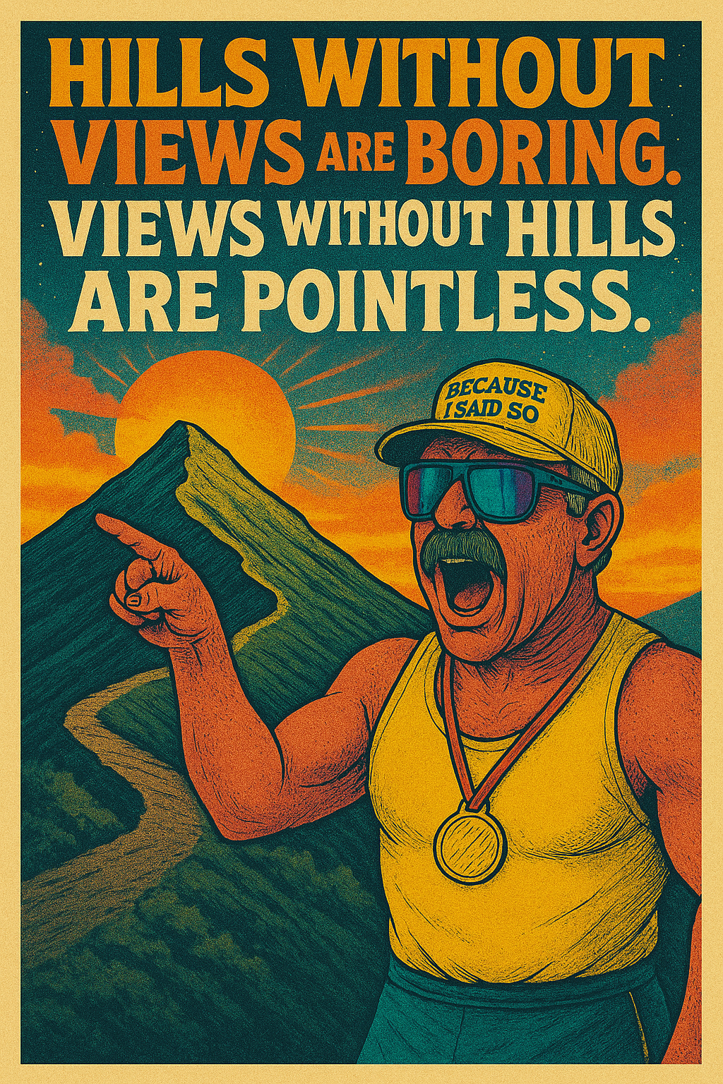 A colorful illustration of a man with sunglasses, a yellow tank top, and a yellow cap with the words "Because I Said So." He has a mustache and is pointing at a mountain with a winding path, set against a sunset background. The text at the top reads,