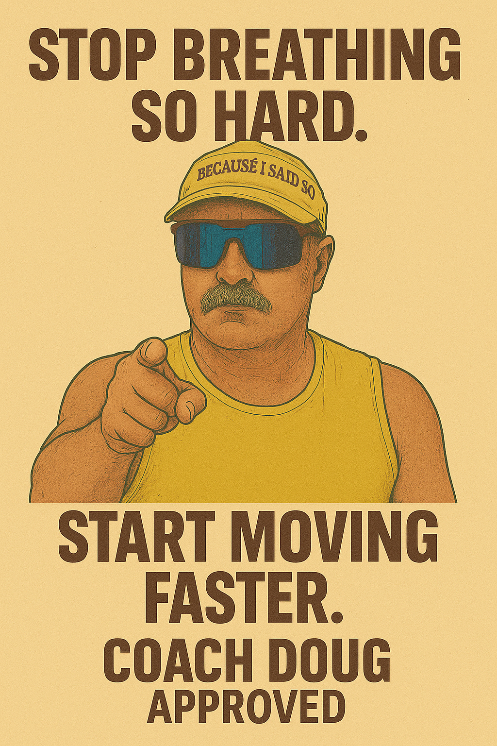 A humorous illustration of Coach wearing a yellow sleeveless shirt, sunglasses, and a yellow cap that says "Because I Said So," pointing forward. The text above and below him reads: "Stop Breathing So Hard. Start Moving Faster. Coach Doug Approved."