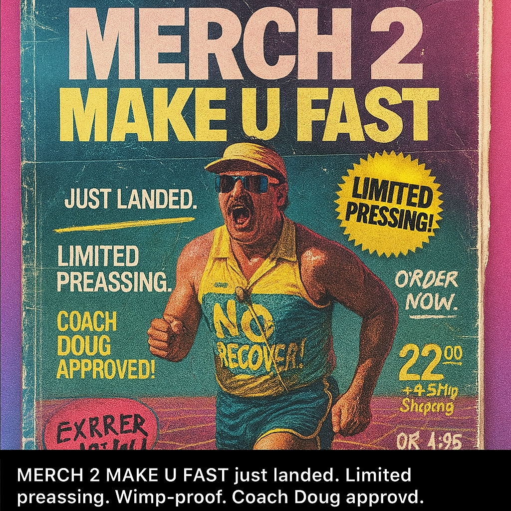 A vintage-style advertisement poster for "MERCH 2 MAKE U FAST" featuring a man running and wearing a yellow and blue athletic outfit with the words "NO RECOVER" on it, and text promoting limited preordering, priced at $22 plus shipping.