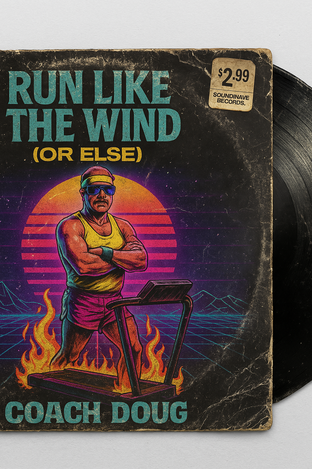 Vintage record album cover titled "Run Like the Wind (or Else)" by Coach Doug, featuring a muscular man in sunglasses and athletic clothing running on a treadmill encircled by flames, with a retro sunset and mountain landscape in the background, pric