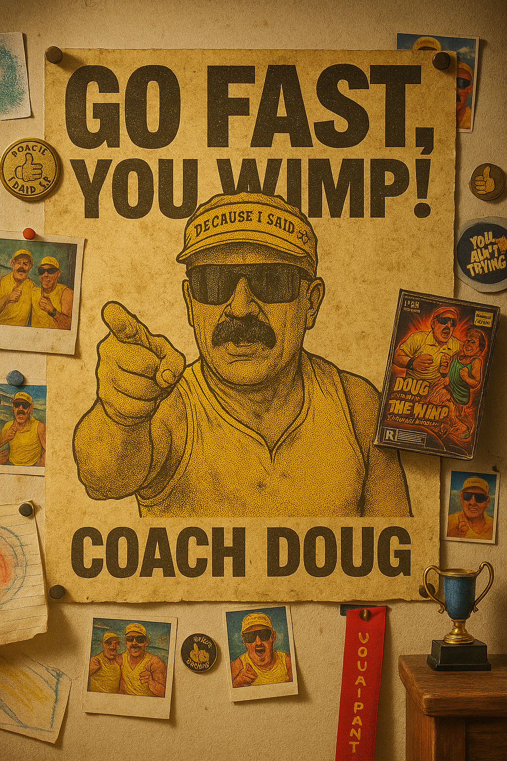 Wall poster featuring a cartoon illustration of Coach Doug with sunglasses, a cap, and a mustache, pointing forward. The poster has large text that reads, "GO FAST, YOU WIMP!" and below it, "COACH DOUG." Surrounding the poster are small photos of two
