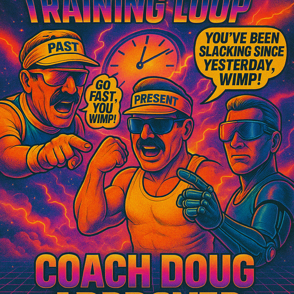 Illustration of three men in futuristic attire, with lightning and a clock in the background, discussing training laps. The first man is yelling and pointing, saying "Go fast, you wimp!" The second is muscular, wearing sunglasses and a visor labeled 