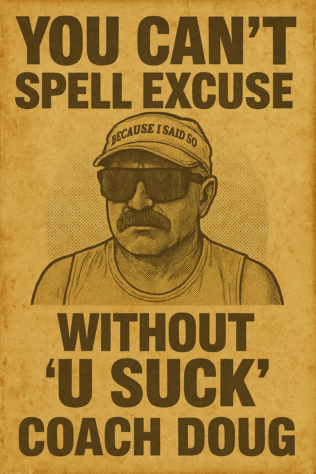 A poster with a humorous message that reads, 'You can't spell excuse without 