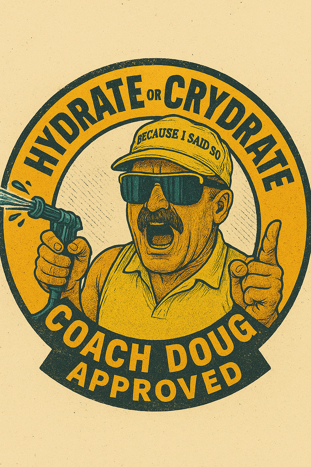 Cartoon illustration of a man with a mustache wearing sunglasses and a hat that says 'Because I Said So,' holding a garden hose and pointing with his finger. The text around him reads 'Hyardate or Crydrate,' and below, 'Coach Doug Approved'.