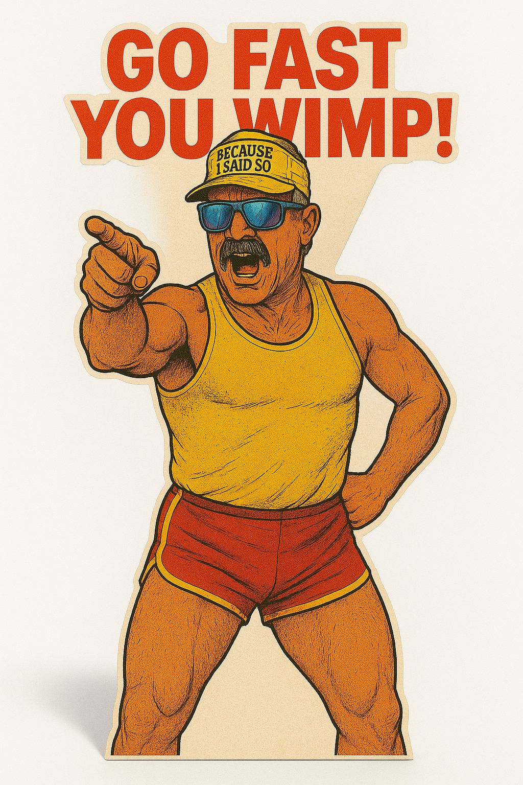 A muscular man wearing sunglasses, a yellow tank top, and red shorts, pointing forward and shouting. He wears a yellow cap with the text "Because I Said So". Above him is bold red text that says "Go Fast You Wimp!"