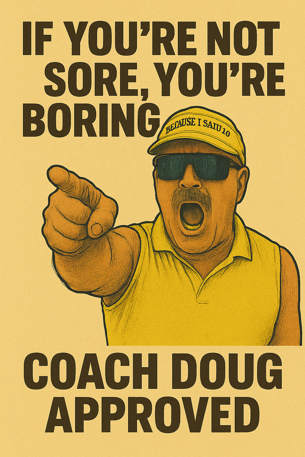 Poster featuring a cartoon illustration of Coach Doug wearing a yellow cap reading 'Because I Said So' and yellow sleeveless shirt, yelling and pointing forward. The poster states, 'If you're not sore, you're boring,' and 'Coach Doug approved'.