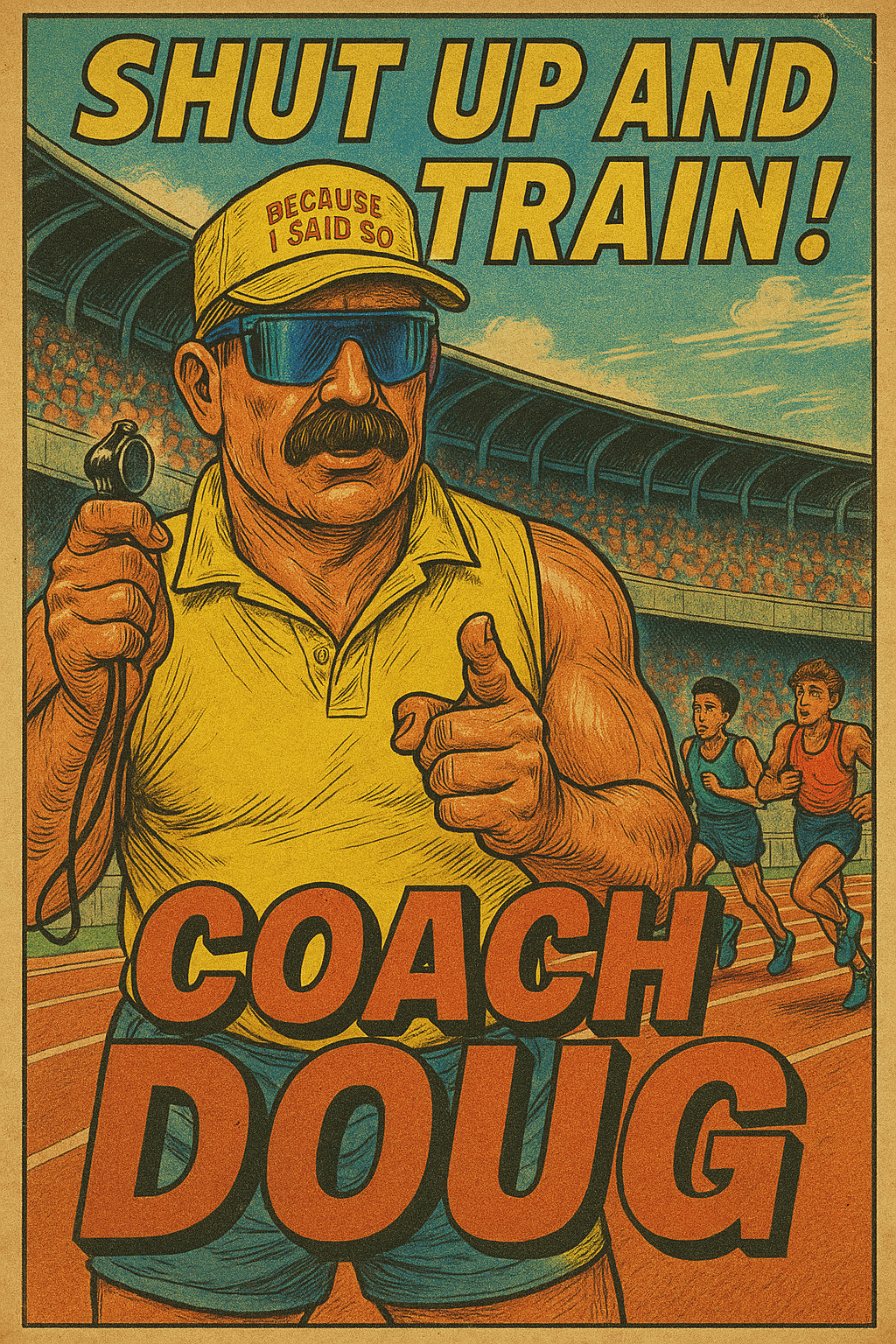 A humorous vintage-style poster of a muscular coach named Doug at a track and field stadium, wearing sunglasses, a yellow tank top, and a cap that says "Because I Said So," holding a stopwatch, with two runners behind him. The text reads "Shut Up and