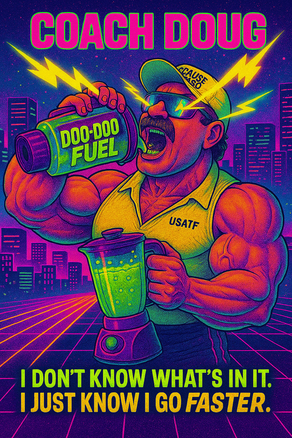 A muscular man with a mustache wearing sunglasses, a cap labeled 'CAUSE NOSE', and a yellow tank top with 'USATE' on it, holding a blender filled with a glowing green liquid. He is drinking from a bottle labeled 'DOO-DOO FUEL' with lightning bolts st