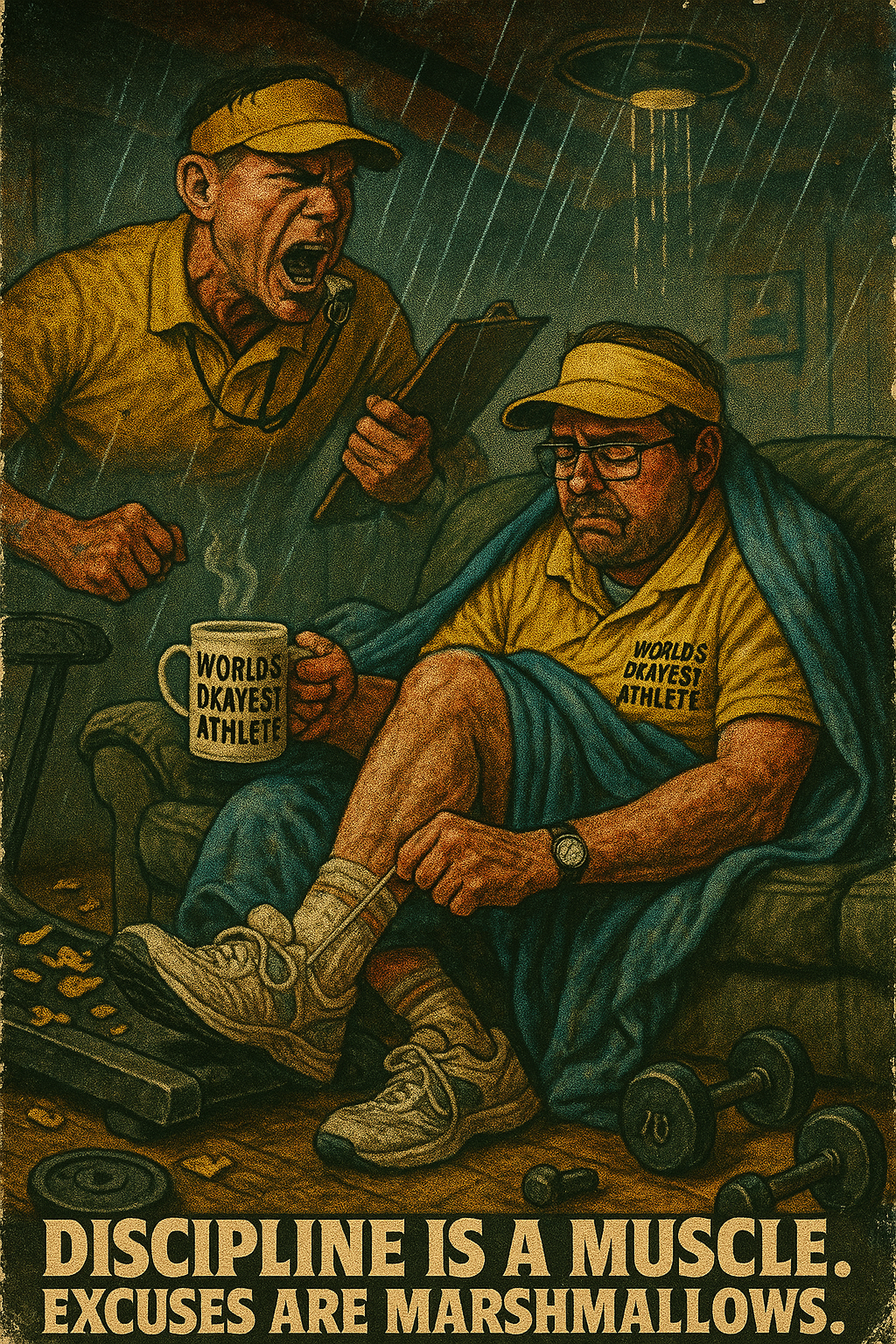 A sports coach yells at an athlete during a workout, who appears frustrated and exhausted. The athlete sits in a chair with a blanket over his shoulders, holding a mug labeled 'Worlds Drayest Athlete,' with dumbbells and snacks around him. The captio