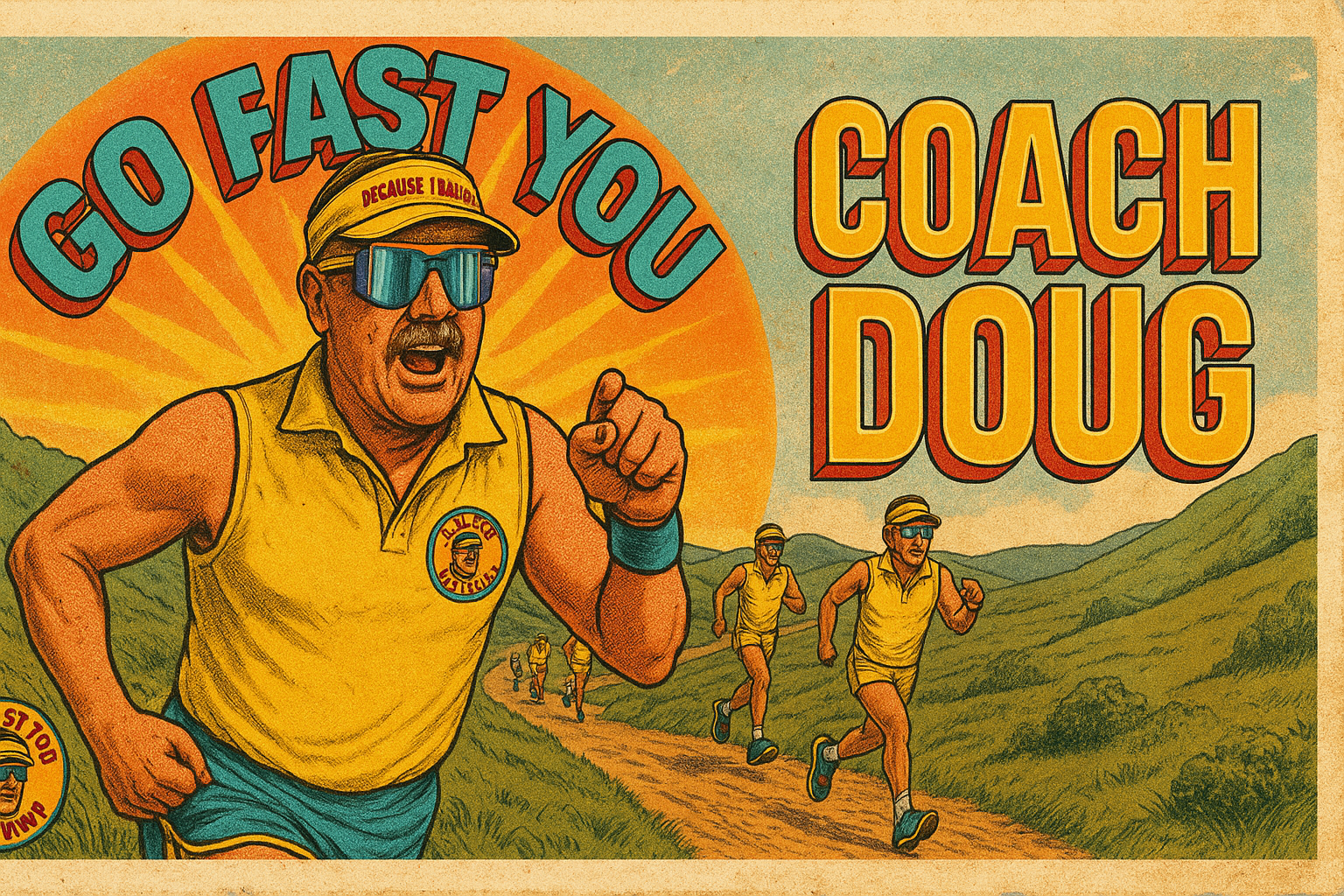Illustration of a man dressed as a coach running outdoors on a trail with hills in the background. He is wearing sunglasses, a yellow sleeveless shirt with a badge, and a visor hat. The background features a large orange sun with rays, and bold text 