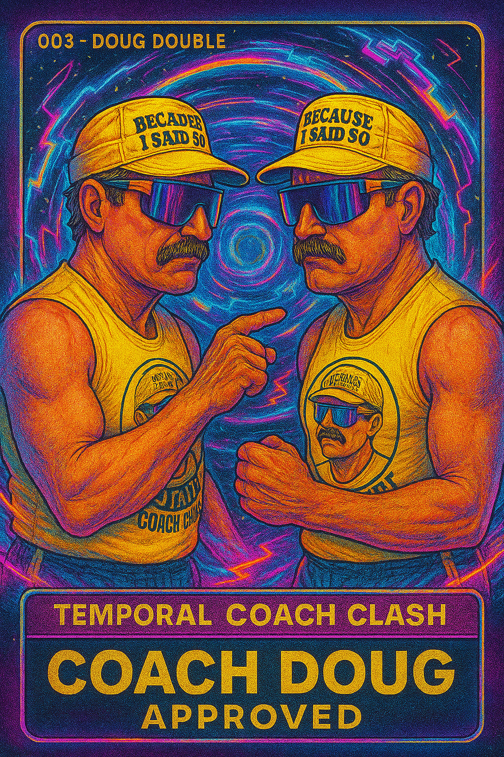Two muscular men wearing yellow tank tops and yellow caps with slogans, sunglasses, and mustaches, pointing at each other in a neon, cosmic-themed background. The caps read "BECARD 1 SAID 50" and "BECAUSE I SAID SO." The tank tops display a logo with