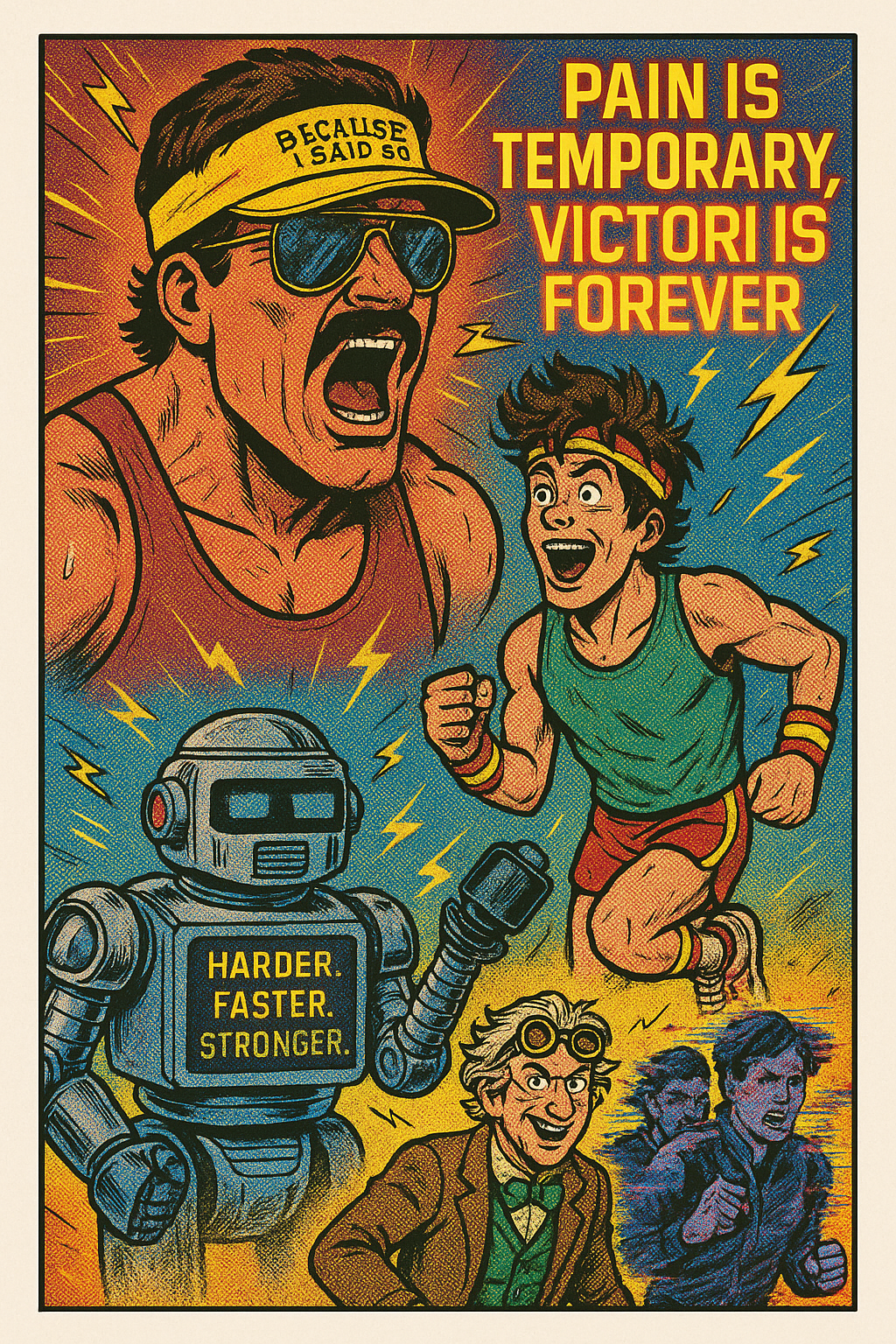 A comic-style illustration featuring a shouting man with a headband, sunglasses, and a tank top, a younger runner in athletic gear, a smiling robot with the words "HARDER. FASTER. STRONGER." on its chest, a man with glasses and a bow tie, and a woman