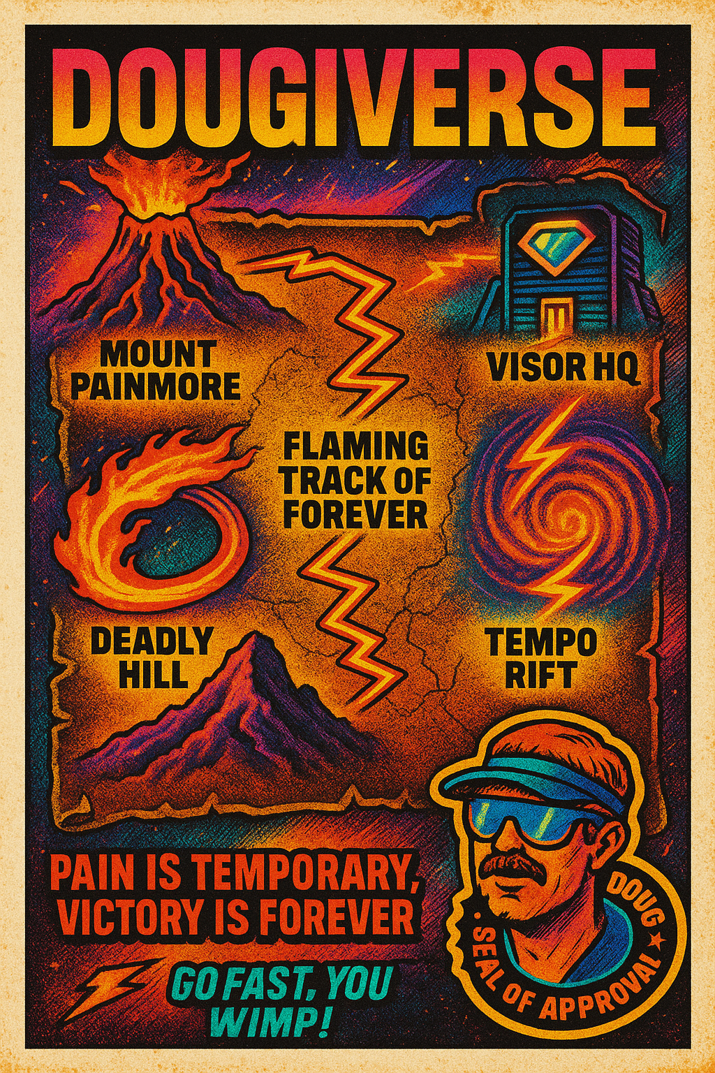 A colorful graphic poster for Doug VerSe featuring stylized illustrations of a volcano, a mountain, and swirling patterns, with labels like Mount Painmore, Flaming Track of Forever, Deadly Hill, Visor HQ, and Tempo Rift. The poster includes a cartoon