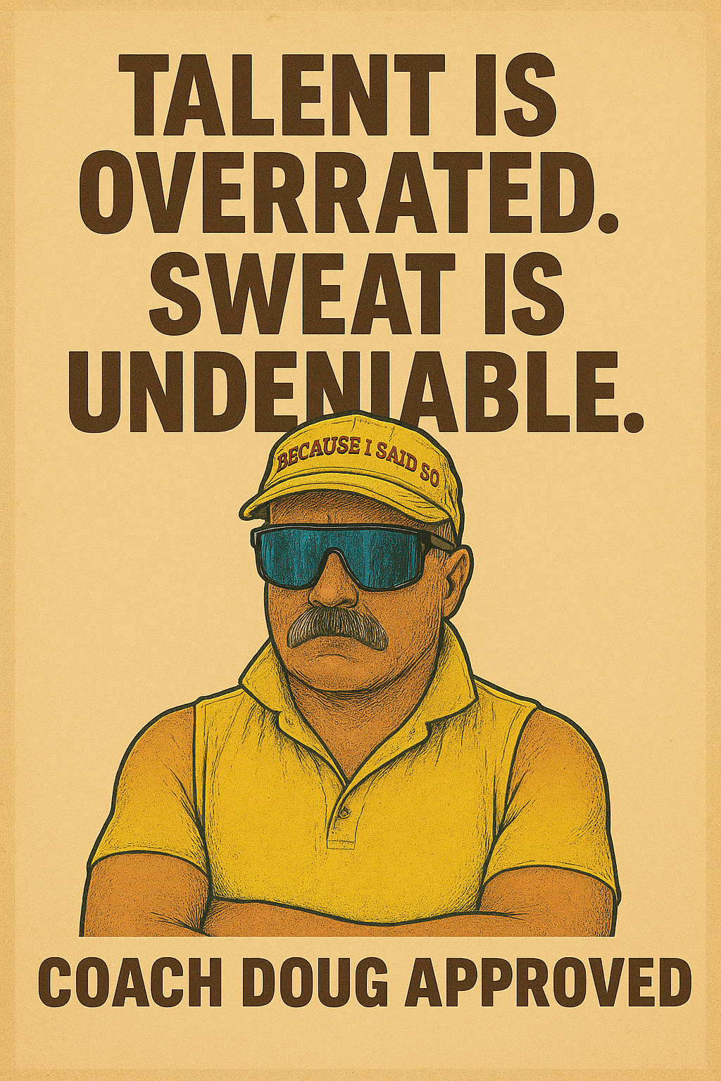 A humorous illustration of Coach Doug wearing sunglasses, a yellow cap that says 'Because I Said So,' and a yellow sleeveless shirt, with bold text above stating 'Talent is Overrated. Sweat is Undeniable.' and below saying 'Coach Doug Approved.'