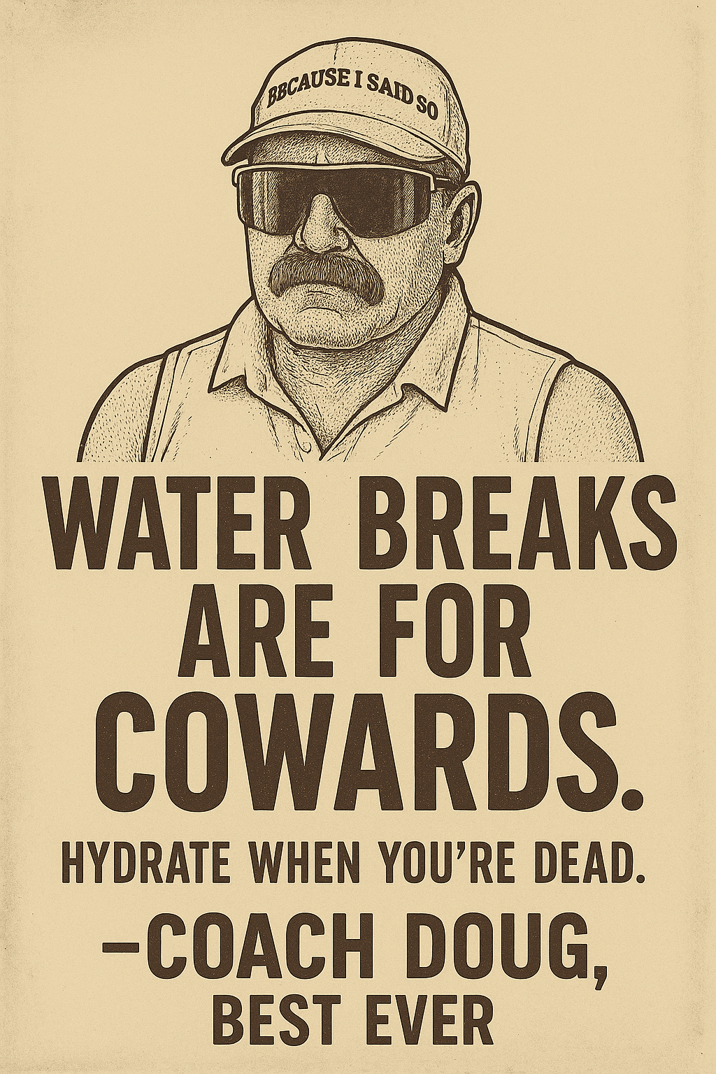 A drawing of a man with a mustache and sunglasses wearing a cap that says "BBQCAUSE I SAID SO." The poster has text that reads: "Water breaks are for cowards. Hydrate when you're dead." -Coach Doug, Best Ever.