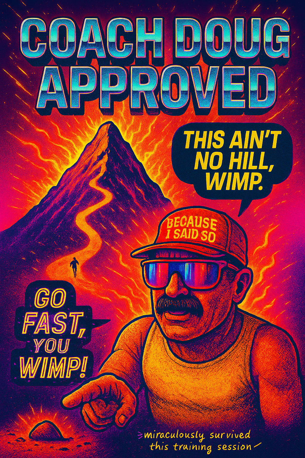 A colorful, stylized illustration featuring a mountain with a fiery trail, a man with sunglasses and a cap reading 'Because I Said So,' and various speech bubbles with humorous text. The text includes 'Coach Doug Approved,' 'This Ain't No Hill, Wimp,