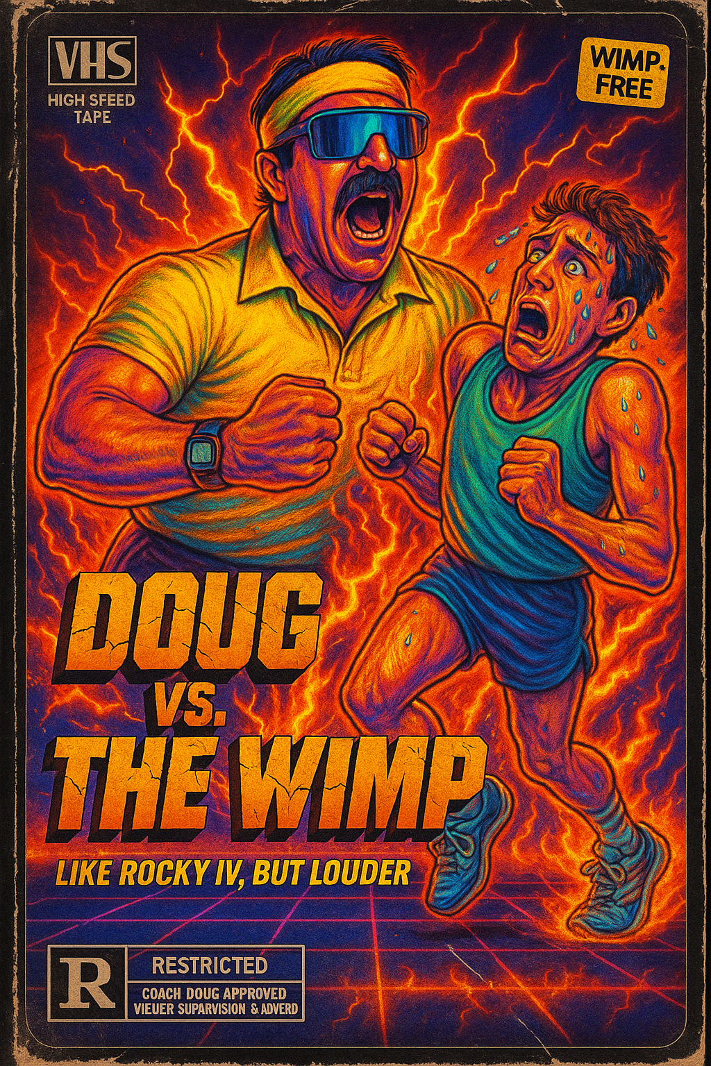 Colorful illustrated VHS tape cover featuring two muscular men in a fistfight, surrounded by lightning and fire effects, with bold text that reads "Doug vs. The Wimp" and a tagline "Like Rocky IV, But Louder."