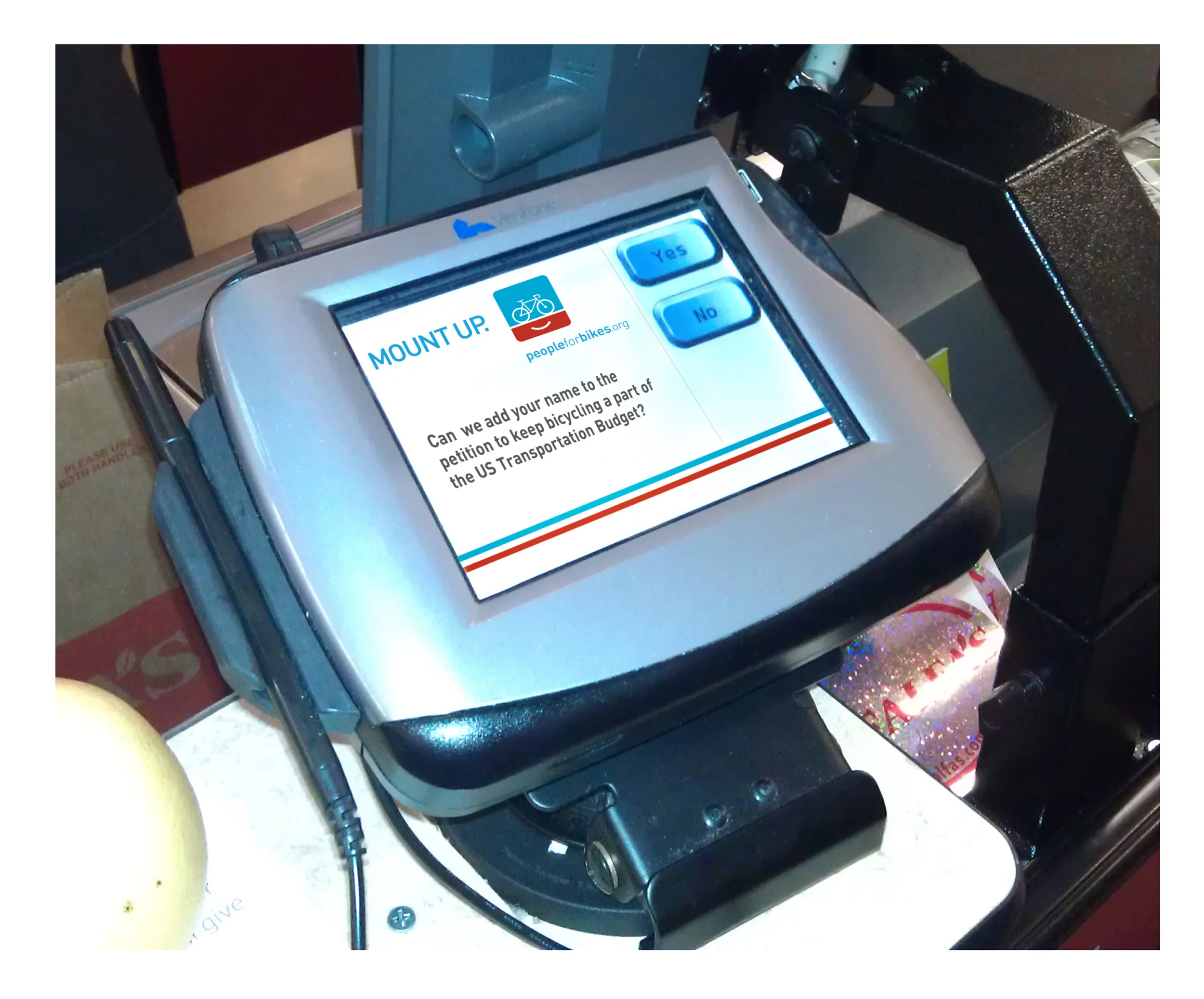  Store Checkout Signature  To connect with non-bikers and extend our reach, we’ll partner with grocery stores. On the digital checkout screen, we’ll include a checkbox and ask people to add their names to our cause—no money or commitments needed.&nbs