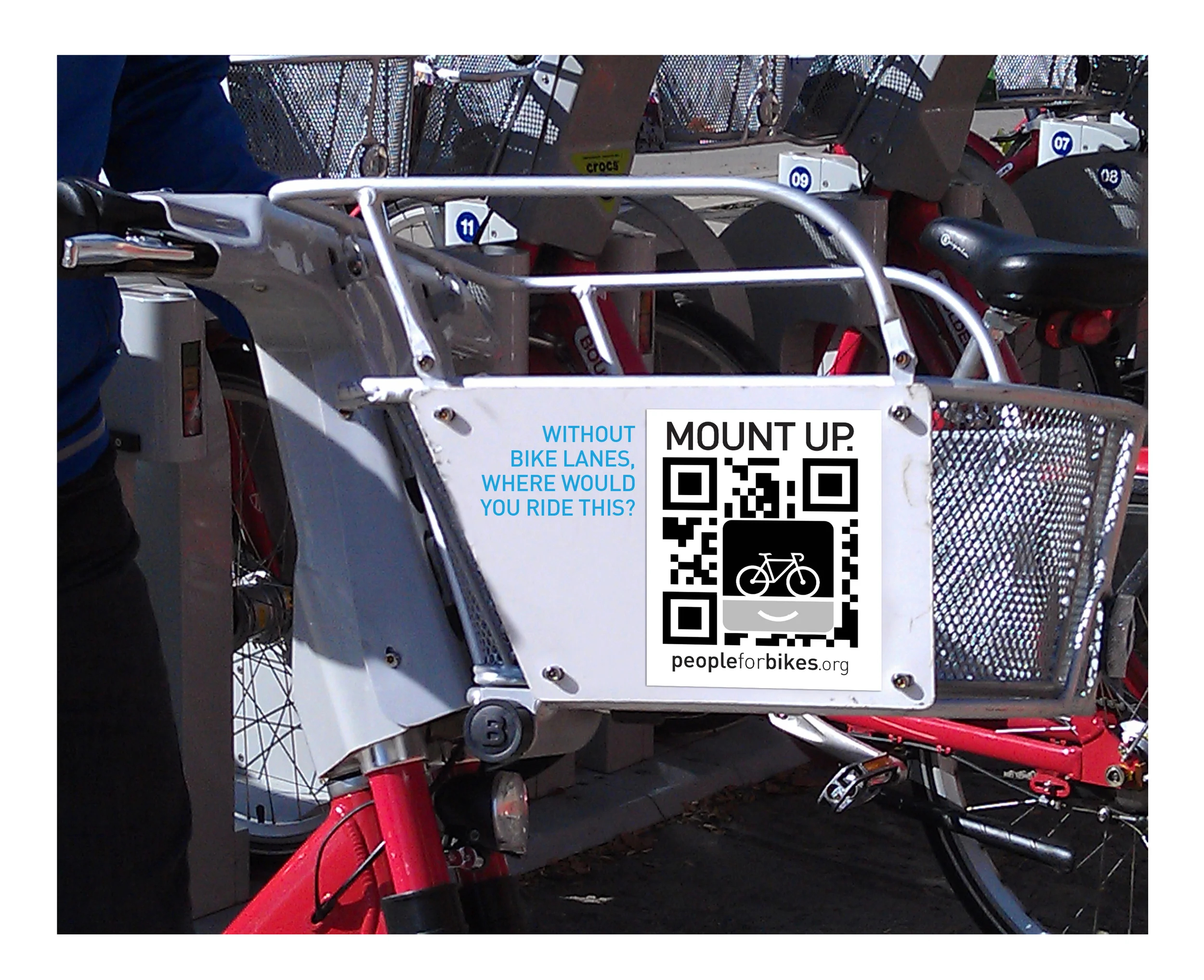  Bike-Sharing Partnership  In order to spread our message to casual bikers, we’ll partner with bike-sharing brands such as Denver’s B-cycle. We’ll place QR codes and short messages on the bikes, as well as brand parts of the racks for passersby. The 