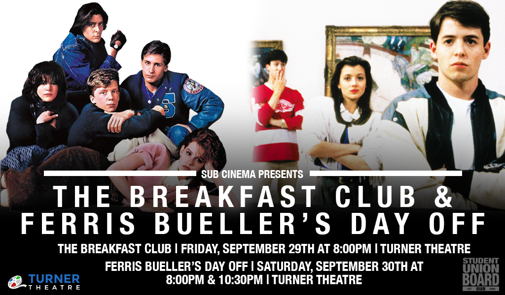 Join us for an 80's movie marathon weekend! The Breakfast Club will be showing on Friday night at 8:00pm and Ferris Bueller's Day Off will be shown on Saturday at 8:00pm & 10:30pm.