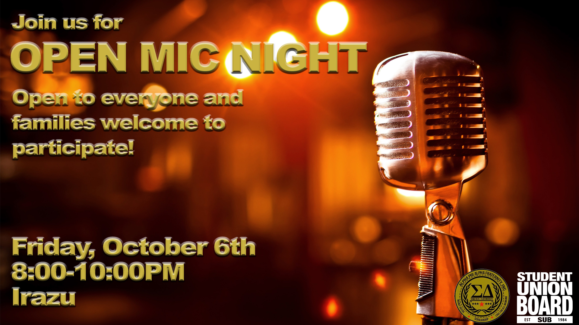 An open mic night with our amazingly talented students (and maybe even a few families)! This will be a great opportunity for our Elon community to express themselves through music, comedy, dance, magic, poetry, and other acts. You don’t want to miss them take the stage! Join us for some light desserts in Irazu in the Moseley Student Center from 8-10pm.