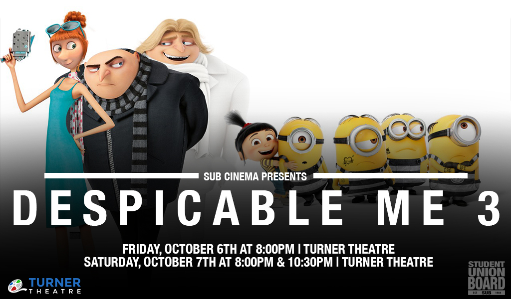 Bring your family to one of the three Despicable Me 3 showings this Parent's Weekend. Stop by on Friday, October 6th at 8PM in addition to Saturday, October 7th at 8PM and 10:30PM!