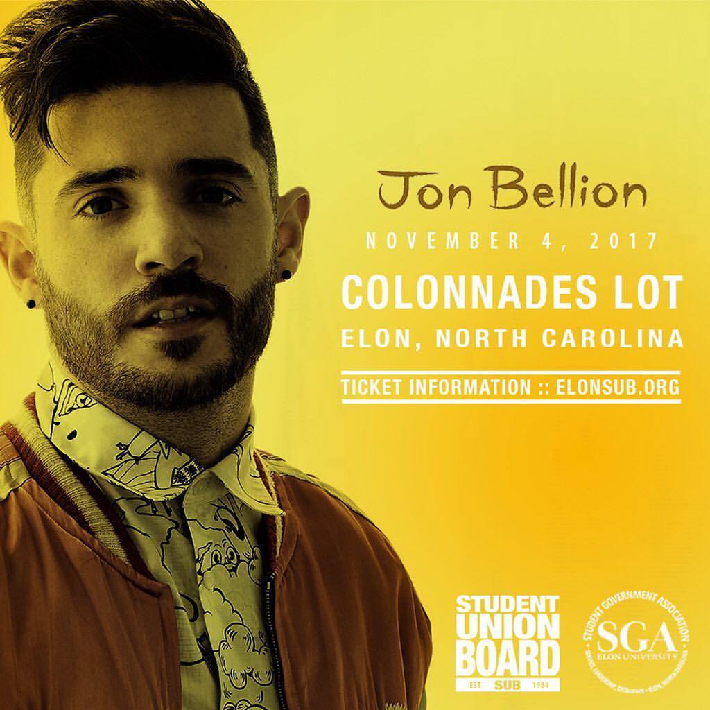 SUB and SGA present the Homecoming 2017 Concert featuring Jon Bellion in the Colonnades Parking Lot starting at 8pm on November 4th! Tickets FREE for Elon Students, Faculty, Staff and Alumni For Additional Ticket Information visit www.elonsub.org/jonbellion