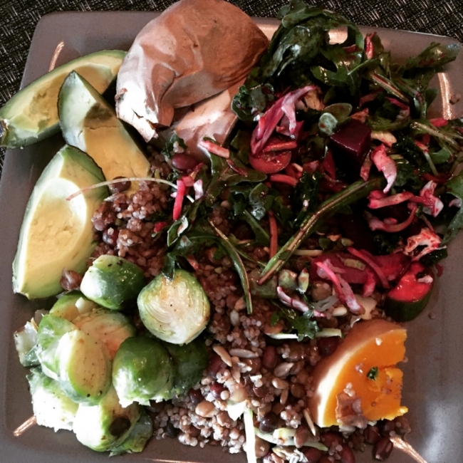 Eating healthy can be so simple (and beautiful!) - Sprouted quinoa, lentils and adzuki beans with brussel sprouts, arugula and beet salad, avocado, butternut squash and baked sweet potatoes. We dressed the salad, grains and brussel sprouts with organic olive oil, black and cayenne peppers, and lemon juice from Meyer lemons in our garden.