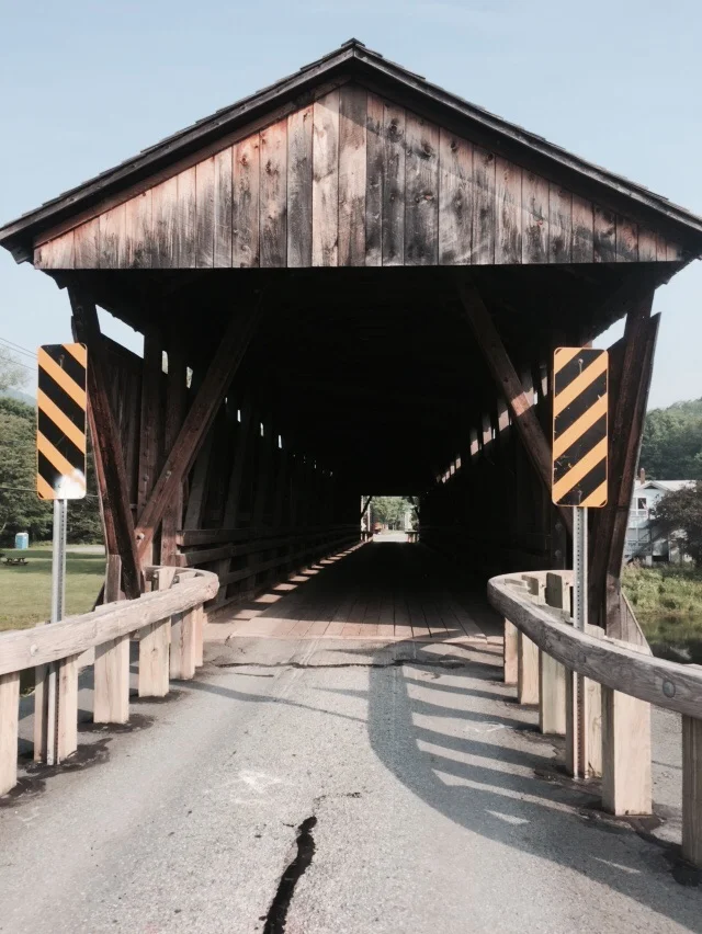 Walking the covered bridge into town, built in 1856.