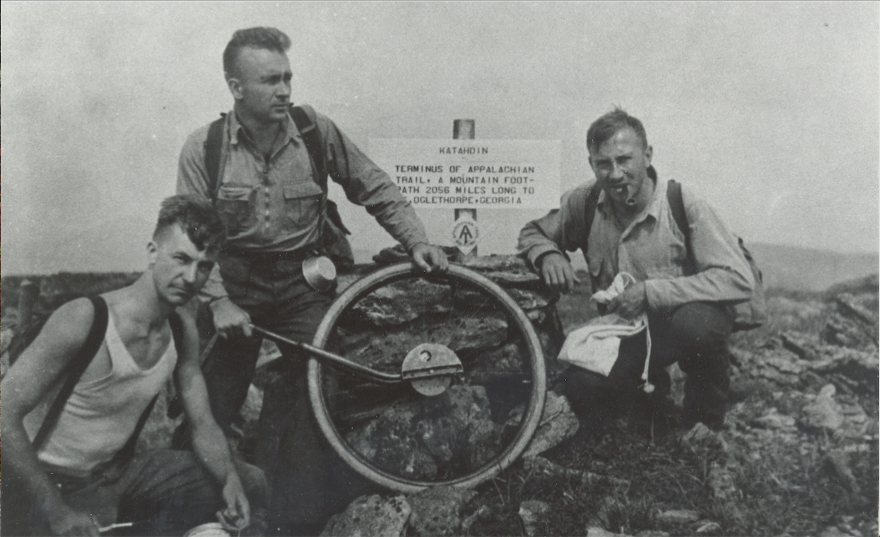 From Left, Albert Jackman, Myron Avery, and Frank Schairer, at summit of Katahdin, Maine, northern terminus of the A.T. The photograph by Shailer S. Philbrick was taken just after the original sign marking Katahdin as the northern terminus was put into place on Aug. 19, 1933.
