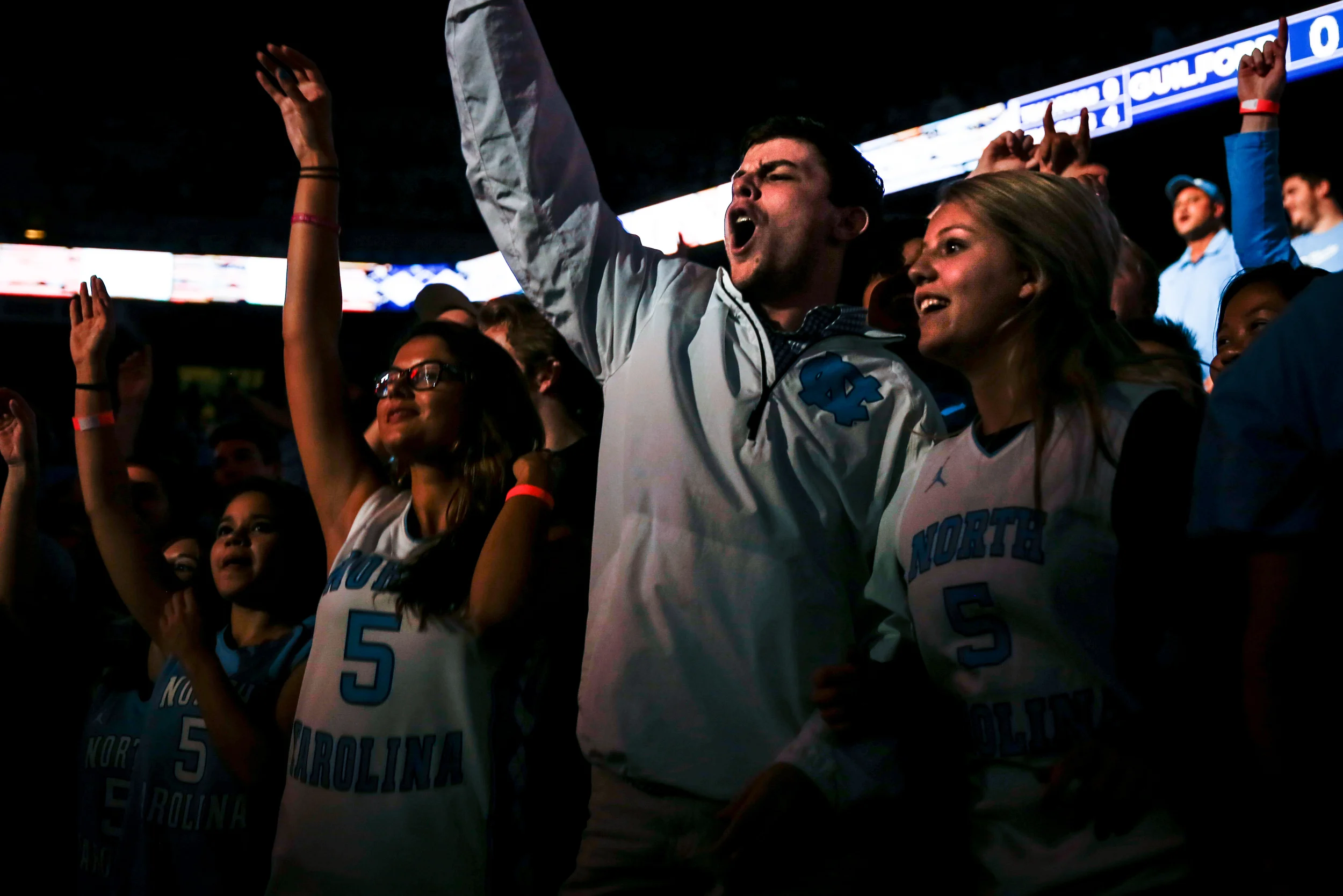 UNC fans cheer during the North Carolina team intoductions before their season's opening exhibition basketball game at the Dean Smith Center on Friday, Nov. 6, 2015. UNC defeated Guilford 99-49.