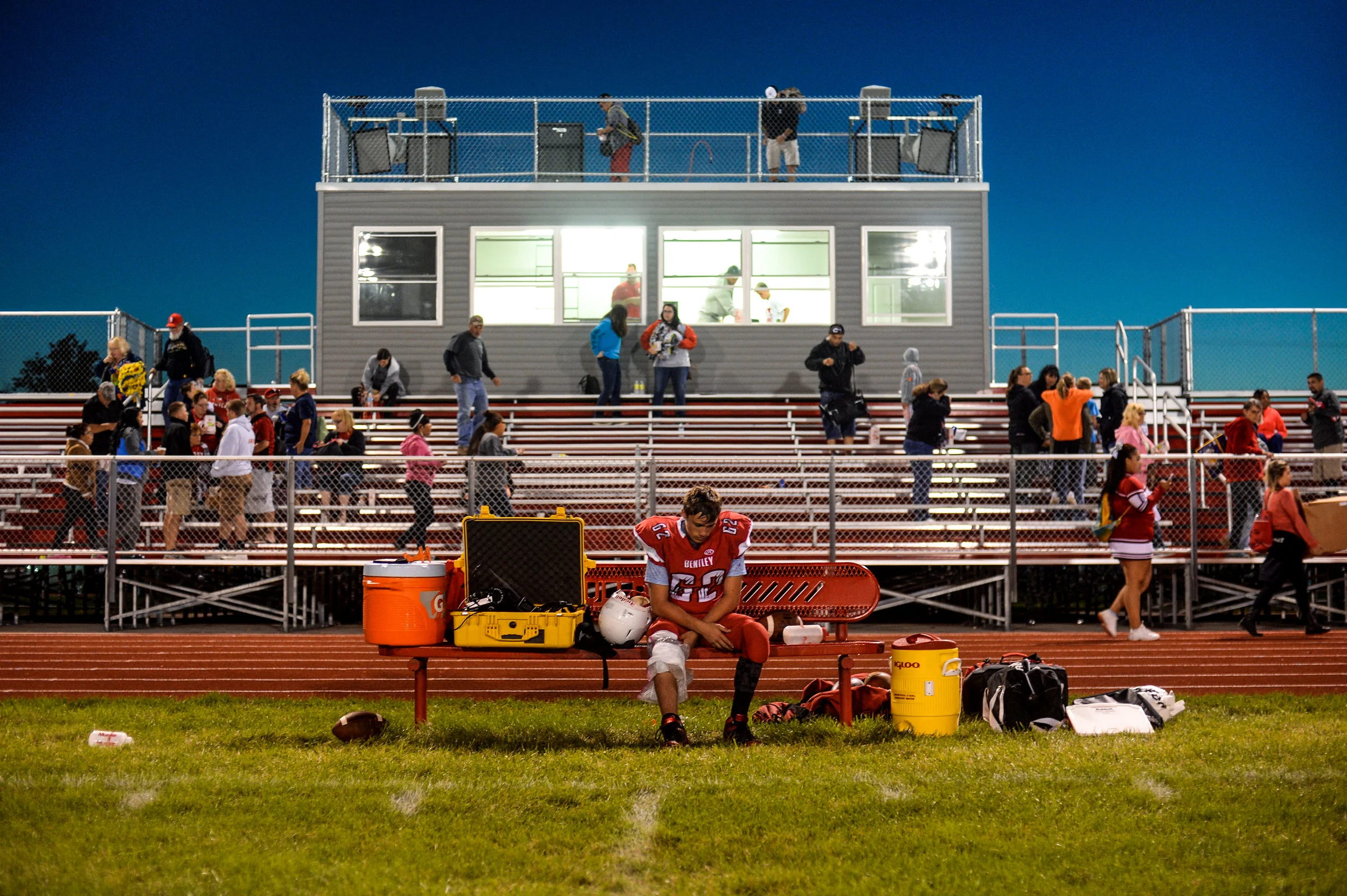 Bentley junior Joey Hoffner, No. 62, sits on the bench after he was injured in a game against New Lothrop on Thursday, Sept. 1, 2016 at Bentley High School in Burton. New Lothrop won 56-0.