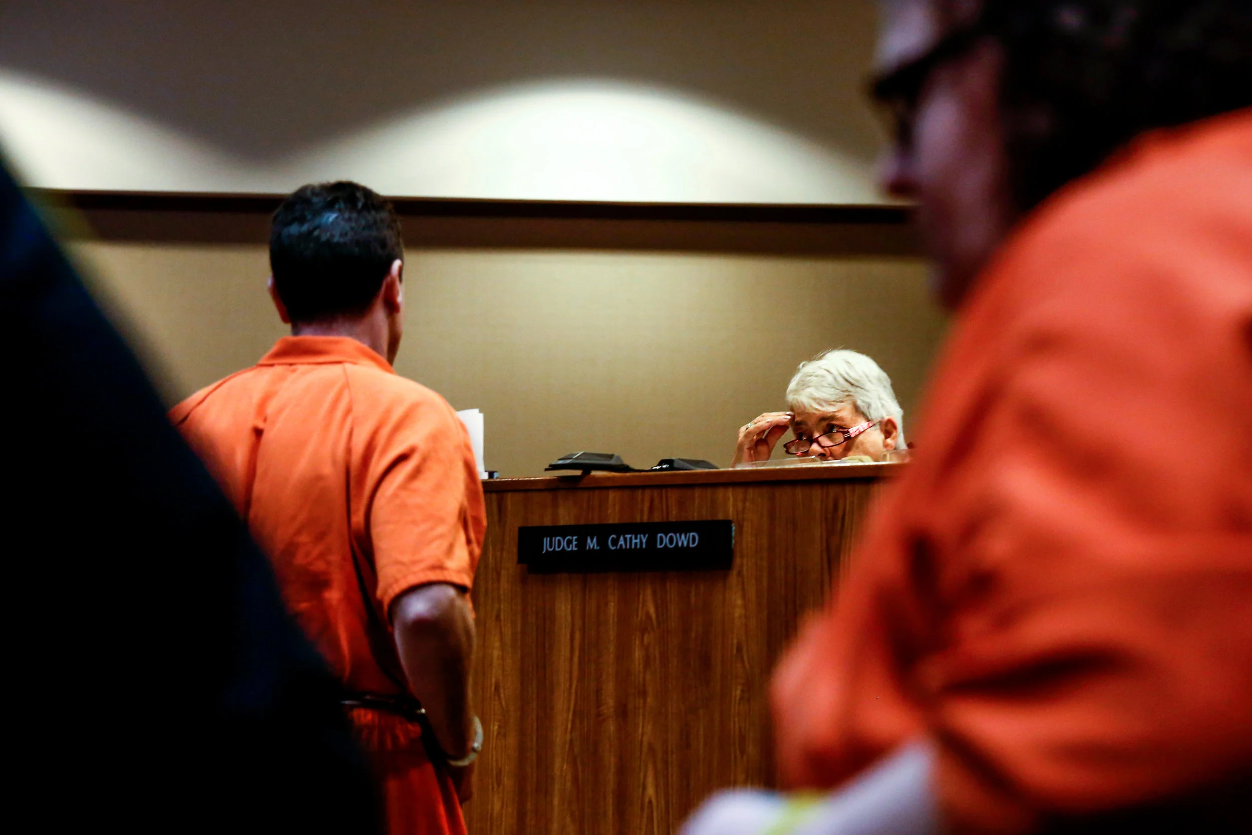 Genesee District Judge M. Cathy Dowd waits for Rodney Dale King Jr. and Erica Marie Starkey to take their seats during a preliminary examination on Thursday, Oct. 20, 2016 at the Genesee County District Court in downtown Flint. Rodney Dale King Jr. and Erica Marie Starkey face murder charges after a set fire claimed the lives of three children. 