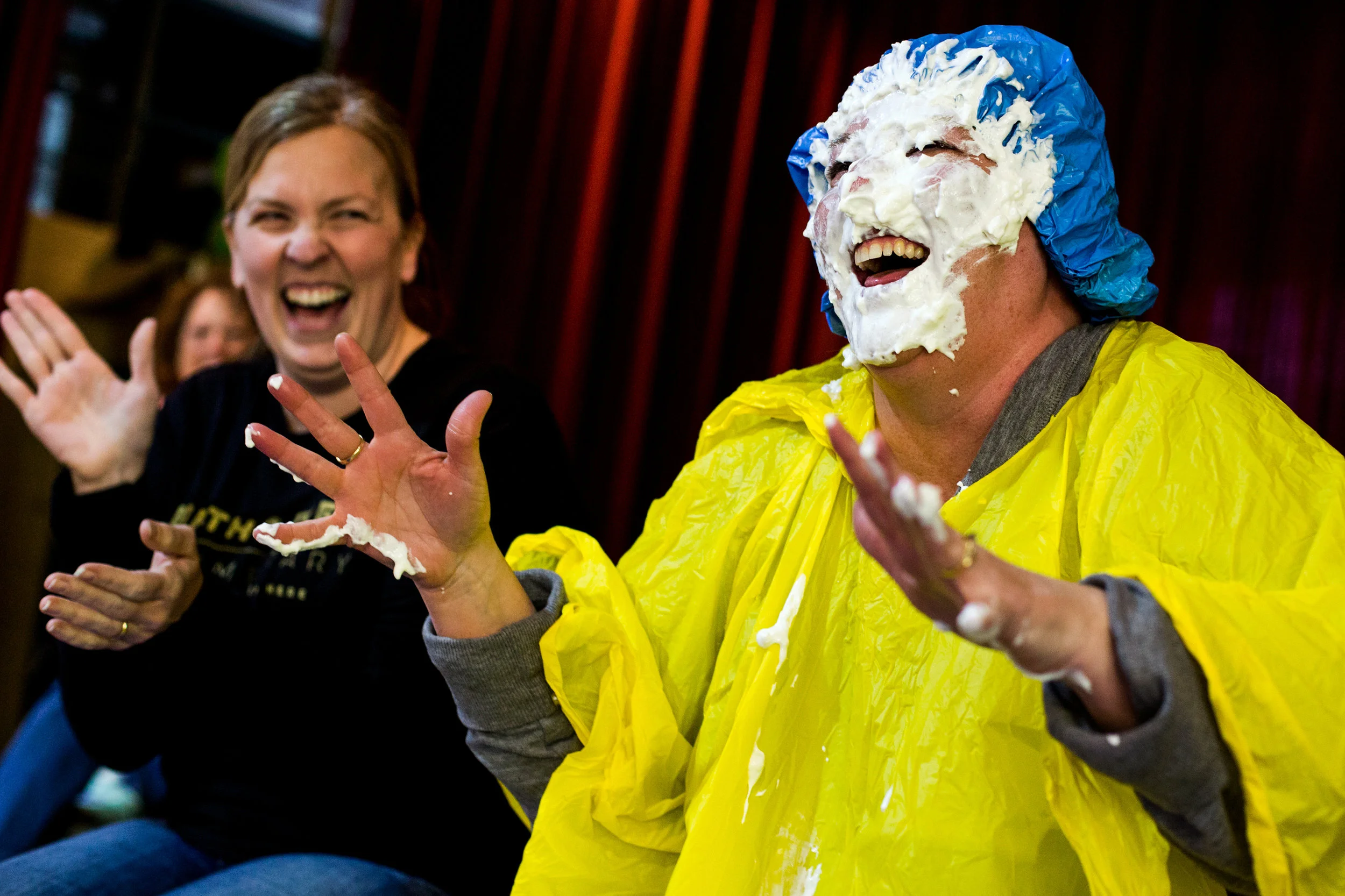 Fifth Street School second-grade teacher Karen Pieper laughed after student Makenna Cummins threw a cream pie in her face Thursday during the Jasper school’s fundraiser for Mentors for Youth Super Strikes. The school registered two teams in the annual Super Strikes event and raised more than $1,400, exceeding the goal by more than $400.