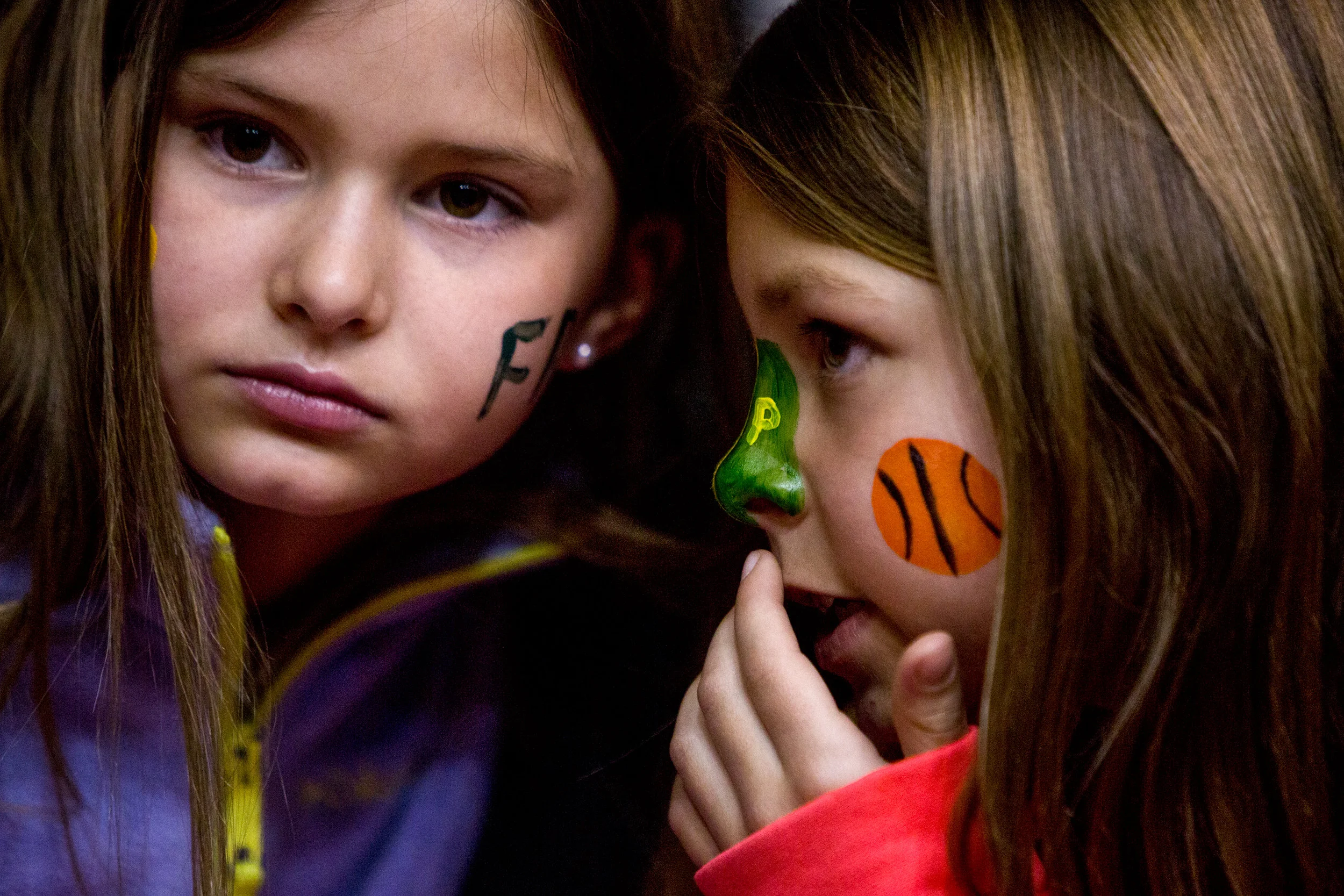 Sydney Bettag, 8, right, whispered to Addison Schneider, 8, both of Ferdinand, during Saturday night's Class 2A sectional championship game at Memorial Gym in Huntingburg. Forest Park defeated Mater Dei 44-43.