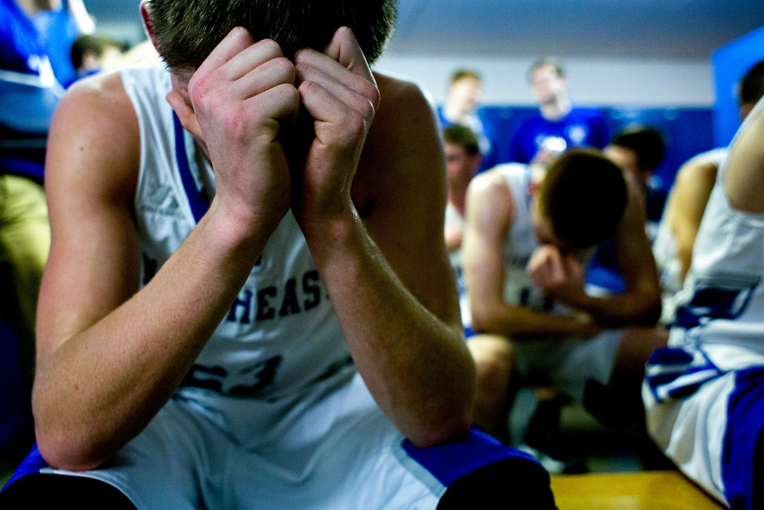 Northeast Dubois' Logan Dodd tried to refocus in the locker room before the second half of Friday night's basketball game against Jasper at Northeast Dubois High School in Dubois. Jasper defeated Northeast Dubois 58-37. 