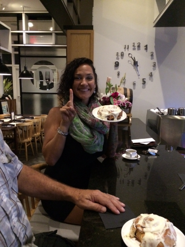 Celebrating my One Year Sober Birthday with a cinnamon roll from Mizu in Camana Bay, Grand Cayman. October 7, 2014. 