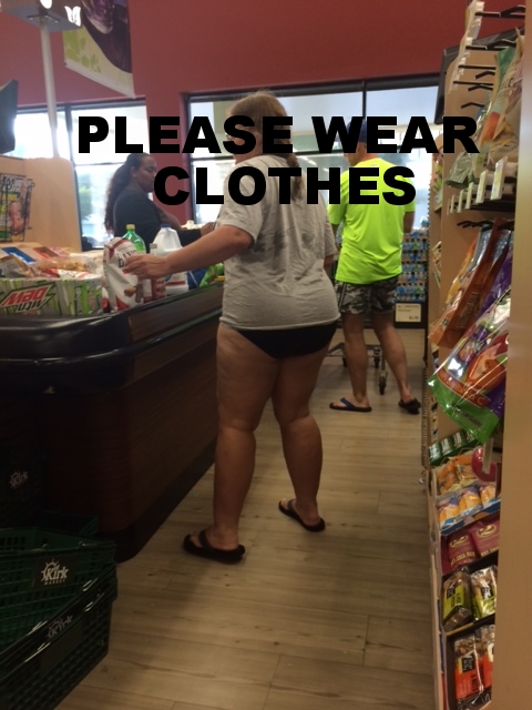 This is NOT me body shaming her. She can wear whatever she wants at the beach!! AT. THE. BEACH. Would you walk into a Nordstrom in New York City wearing this? Ok. Maybe that's a little extreme. But this is a place of business. Put clothes on. It's not hard to just throw a cover up on. Please and thank you. 