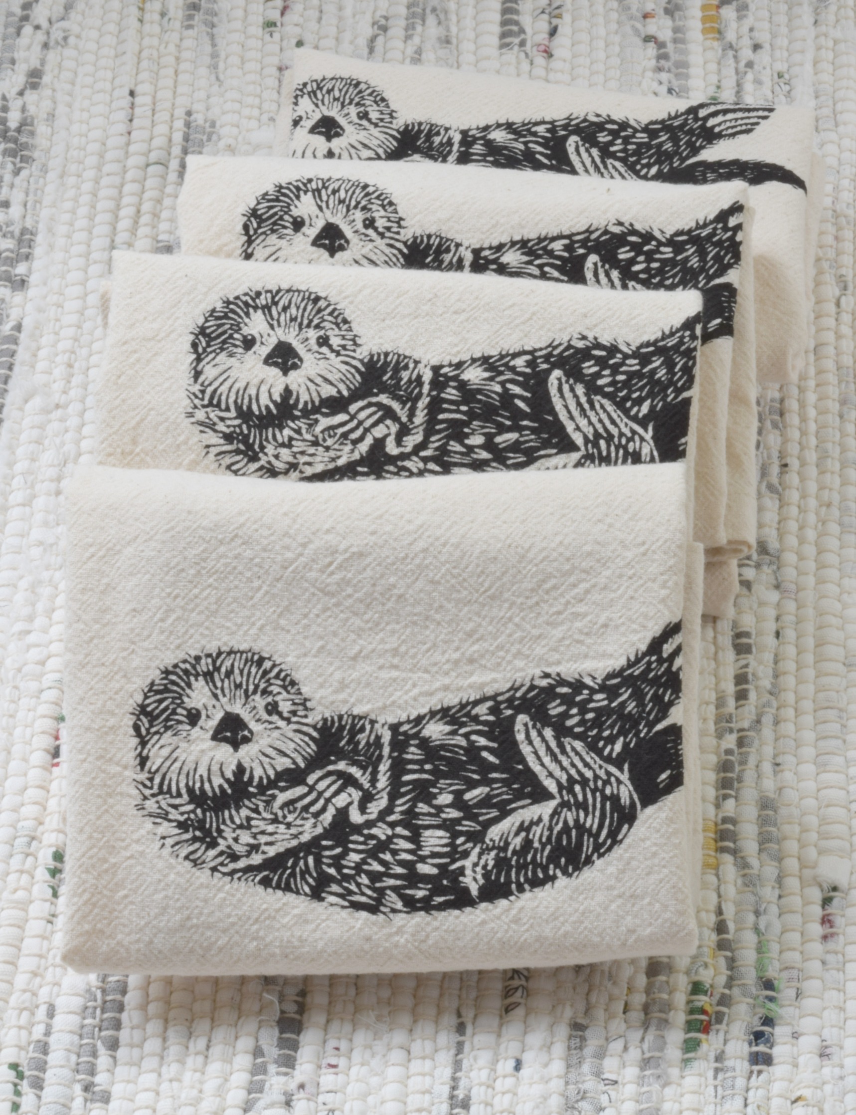 Tea Towel Organic Cotton Flour Sack Otter Design in Black 