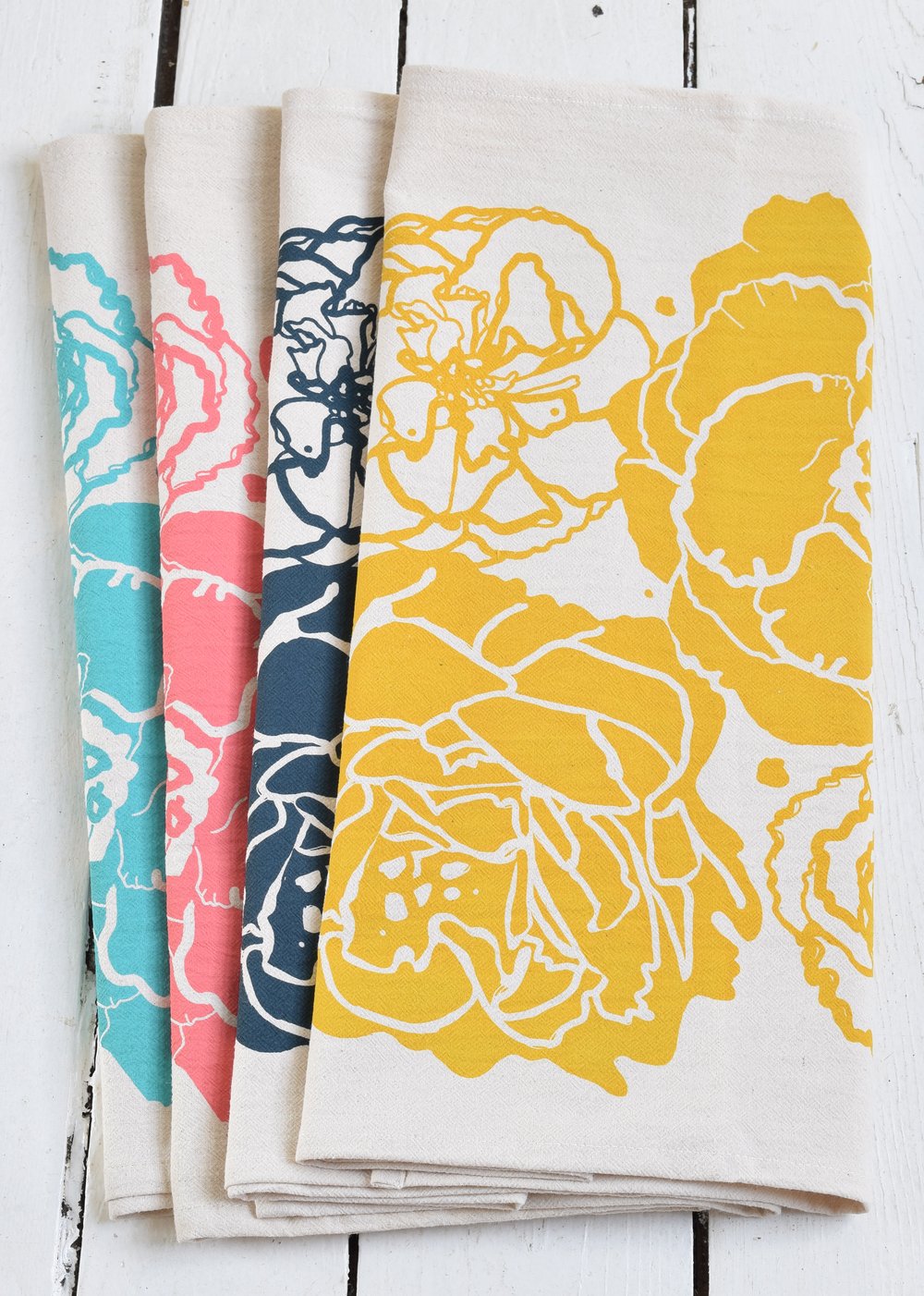 hand-printed organic cotton peony blossom tea towel — Hearth and