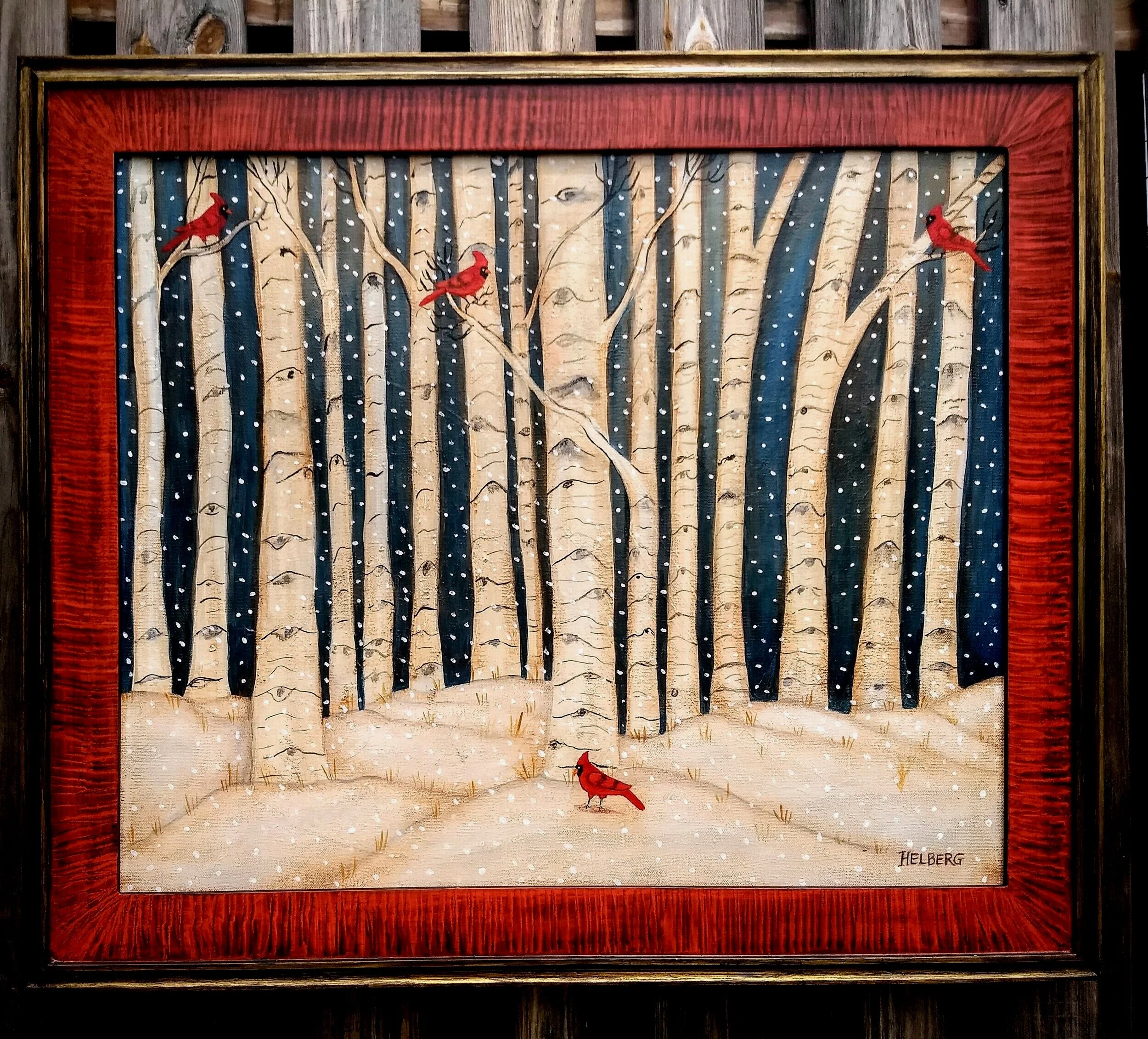 21” x 24 1/2” acrylic on canvas with vinegar grained frame. The Boys of Winter c 2019 Kristin Helberg $495 plus shipping