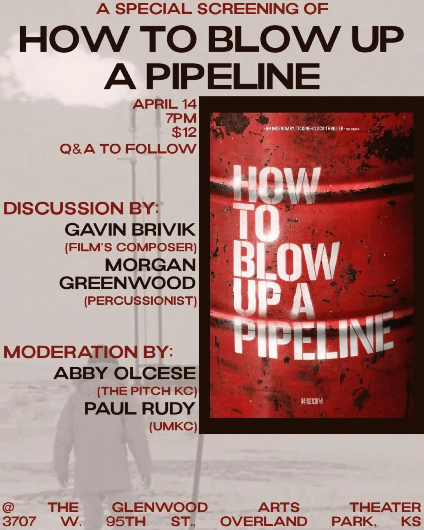 🎬Join us TOMORROW NIGHT for an exclusive screening of the new film from @neonrated How to Blow Up A Pipeline, followed by a Q&amp;A session with the film's composer, @gavinbrivik hosted by @thepitchkc's @indieabby88!🎵

Film Society KC members can s