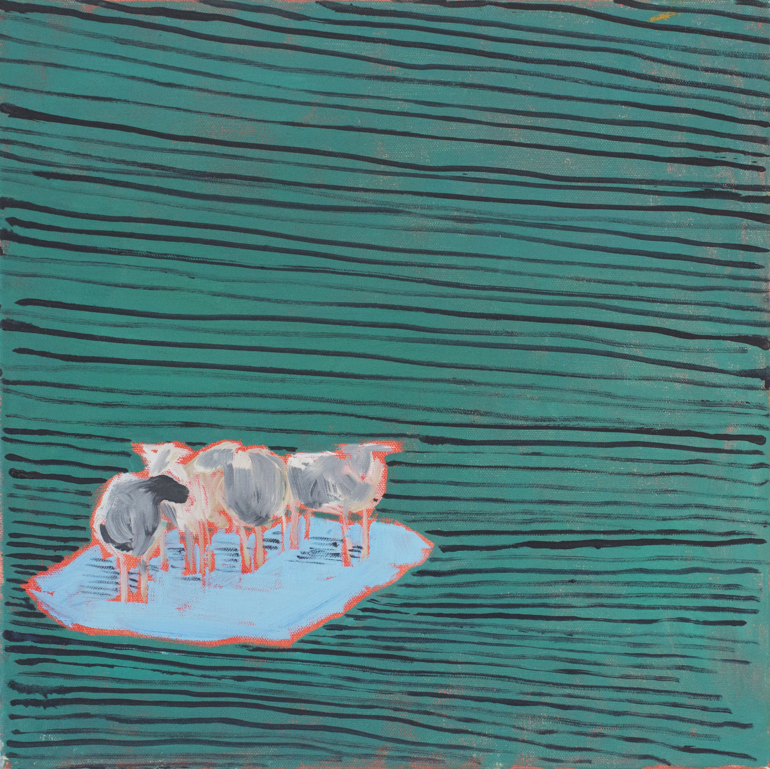  Sheep on Ice, Green Stripes  2019  oil on canvas  16" x 16" 