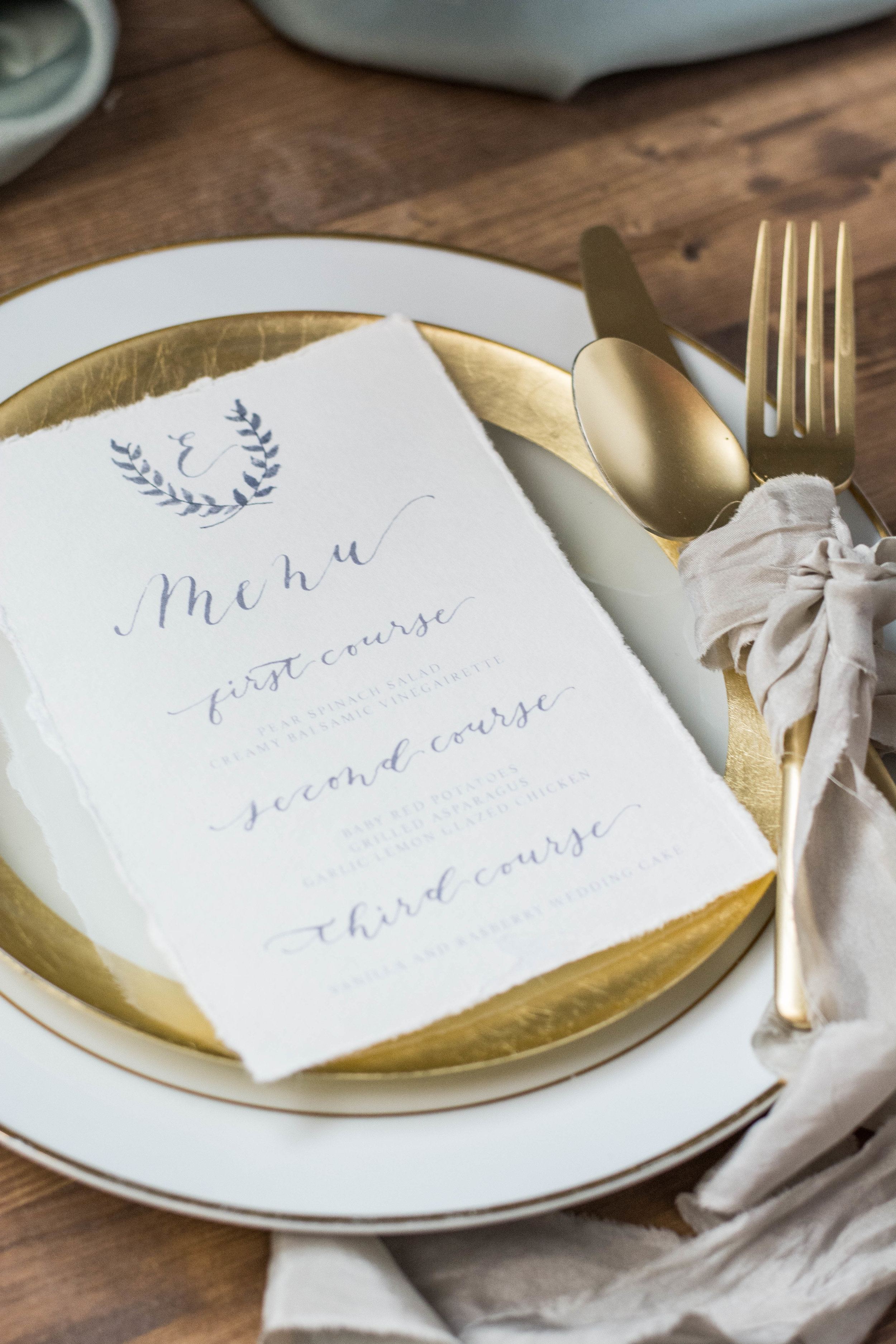 Organic Watercolor and Gray Calligraphy Wedding Menu