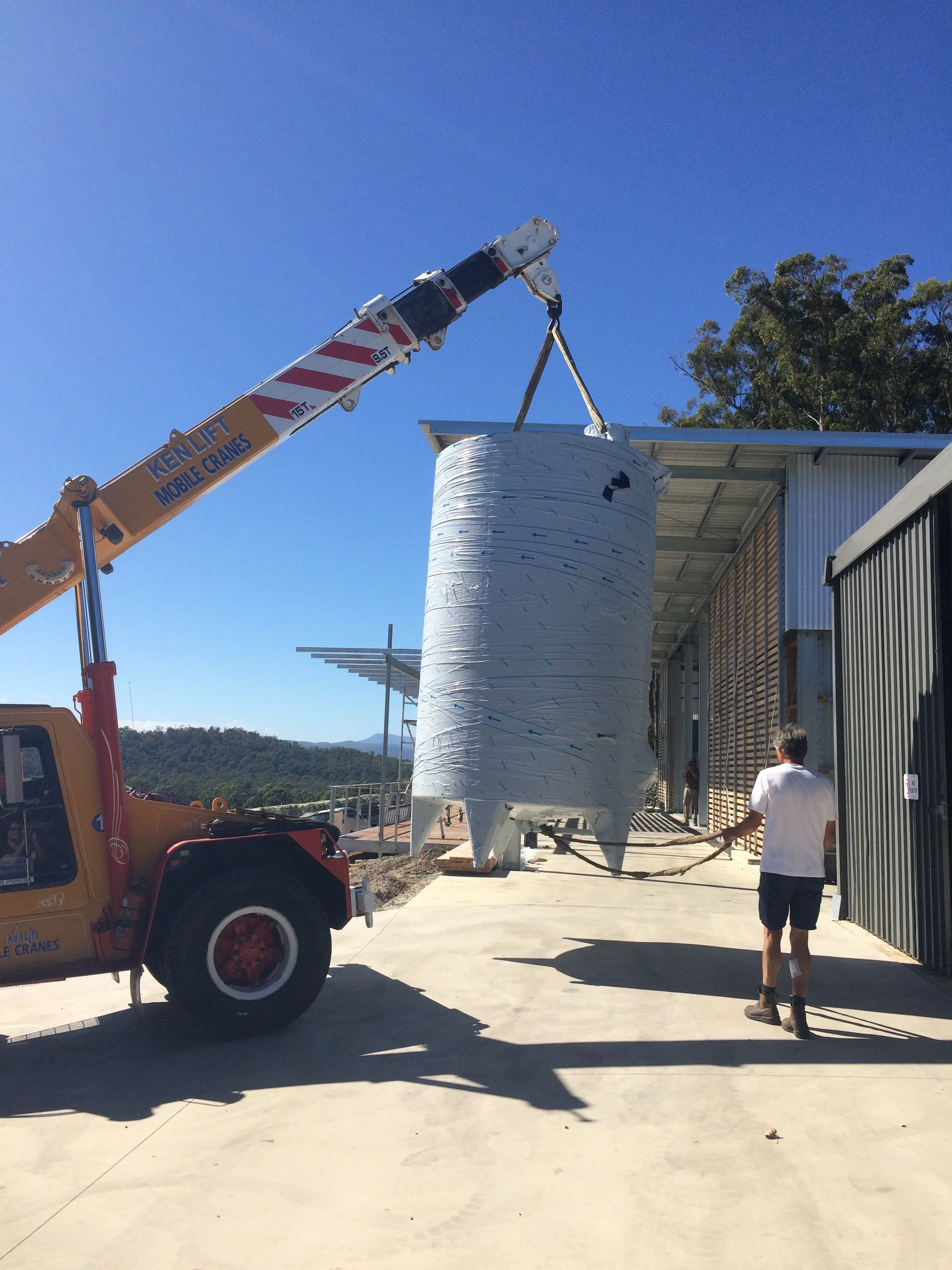 Just in time delivery. Our tanks arrived from Italy to be craned in to the winery. 