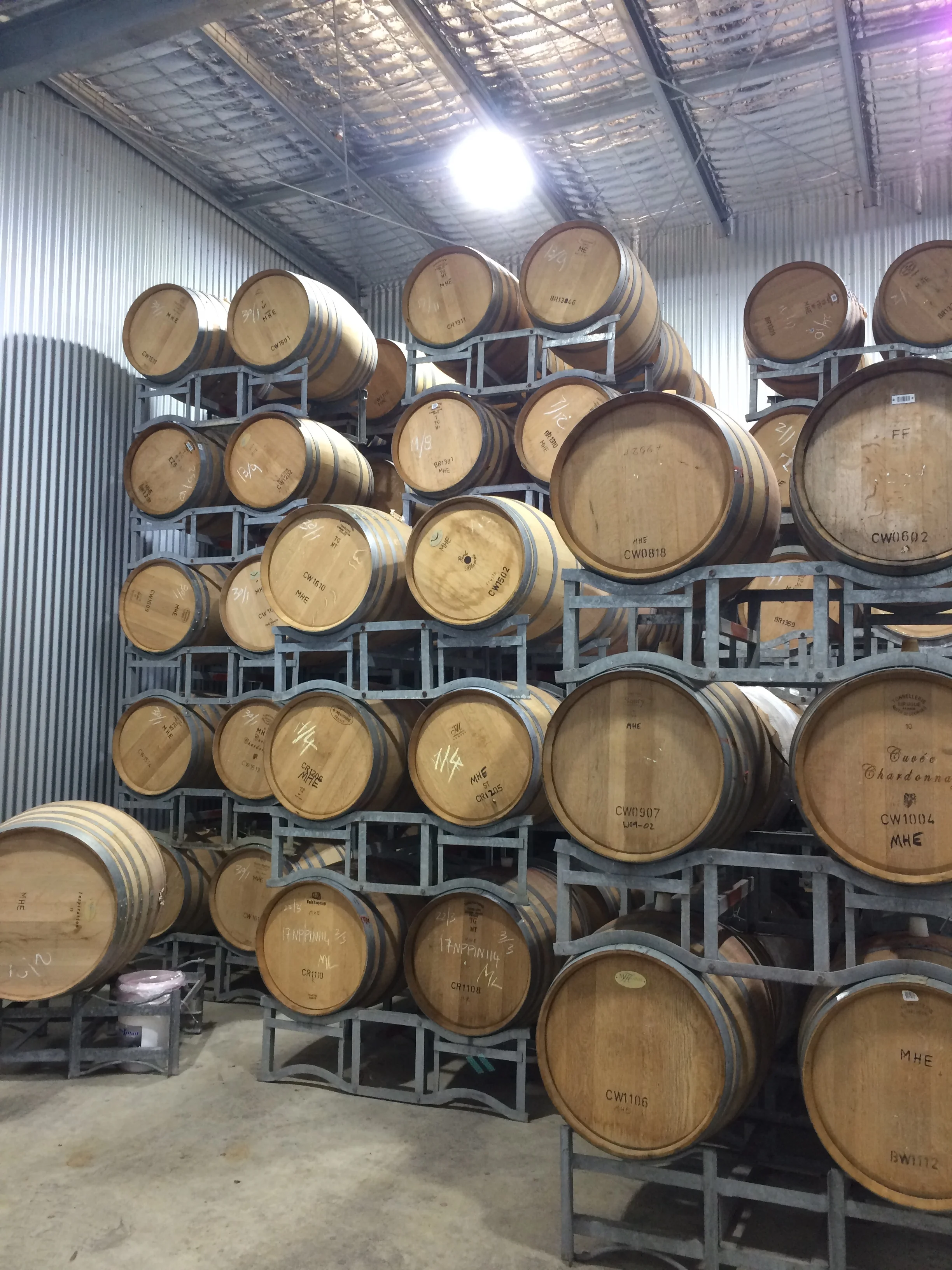 Empty French Oak barrels waiting to be filled in the barrel room. 