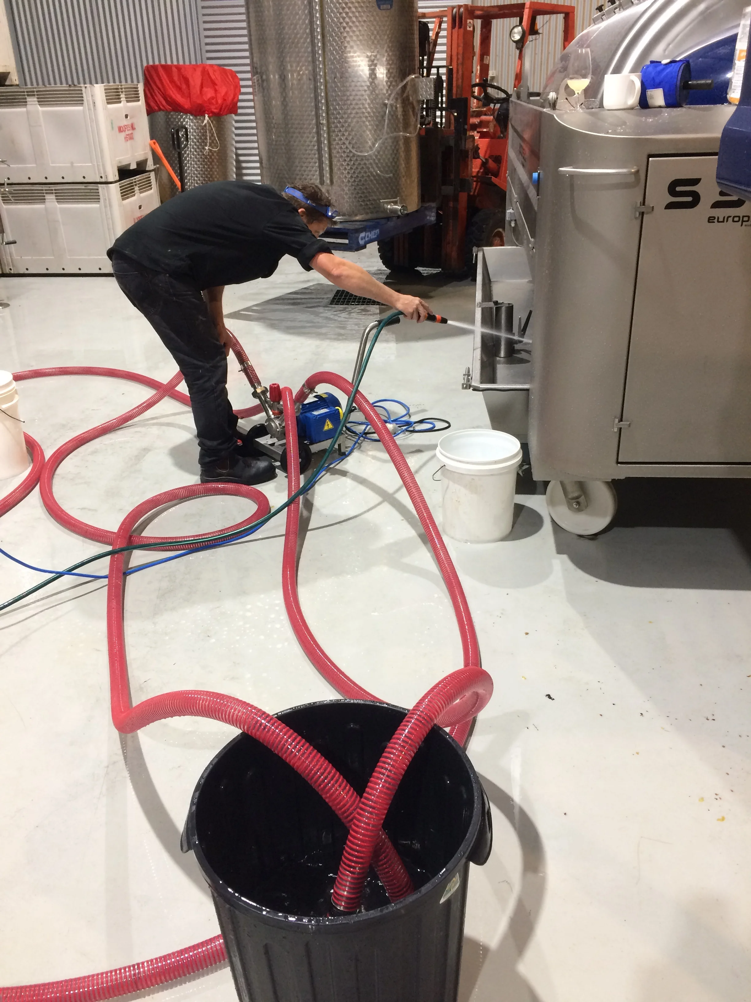What they don't tell you at winemaker school: winemaking is really 70% cleaning, 10% moving hoses and pumps around, 10% forklift driving. You do the maths. 