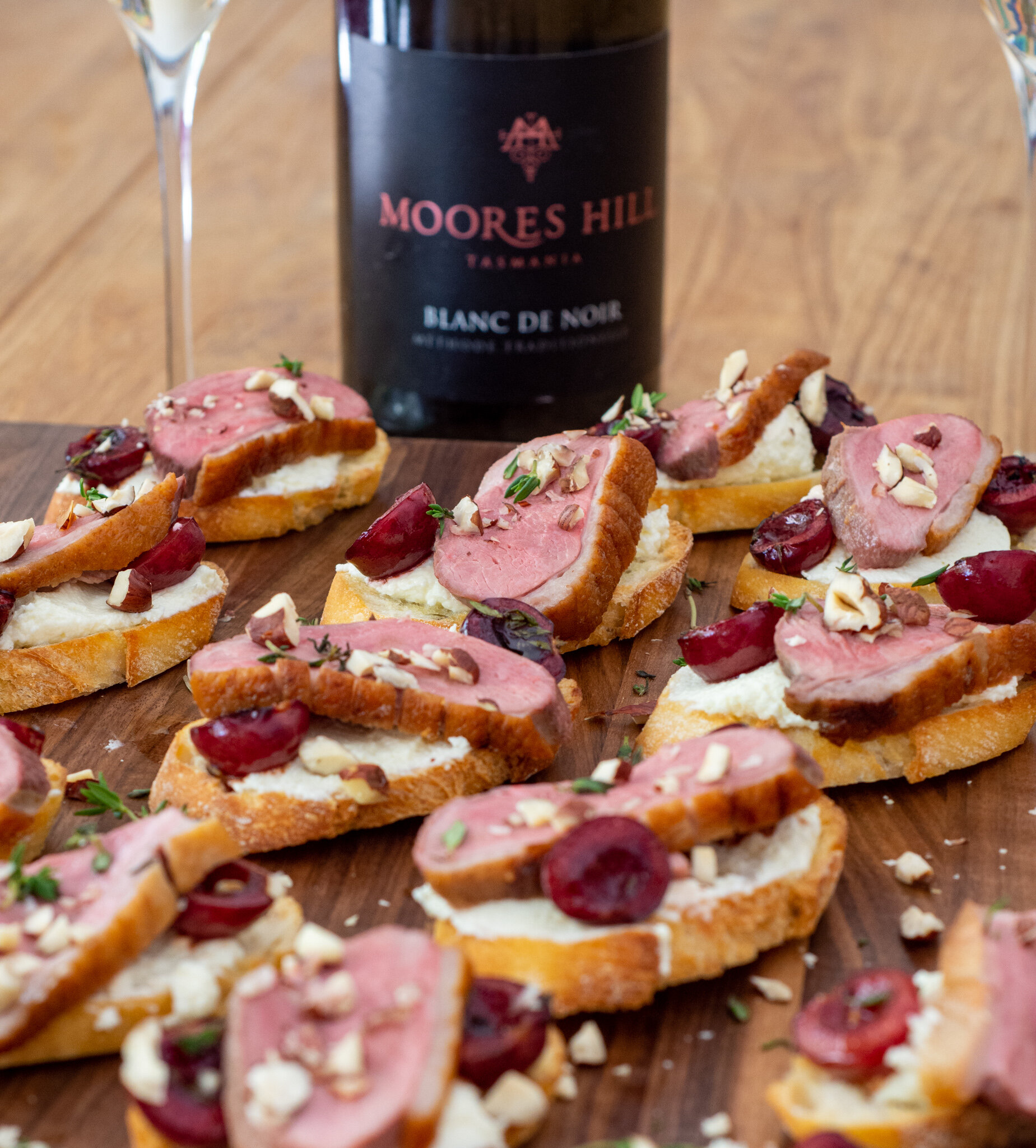Duck Crostini with Goats Cheese Mousse, Balsamic Cherries &amp; Hazelnuts